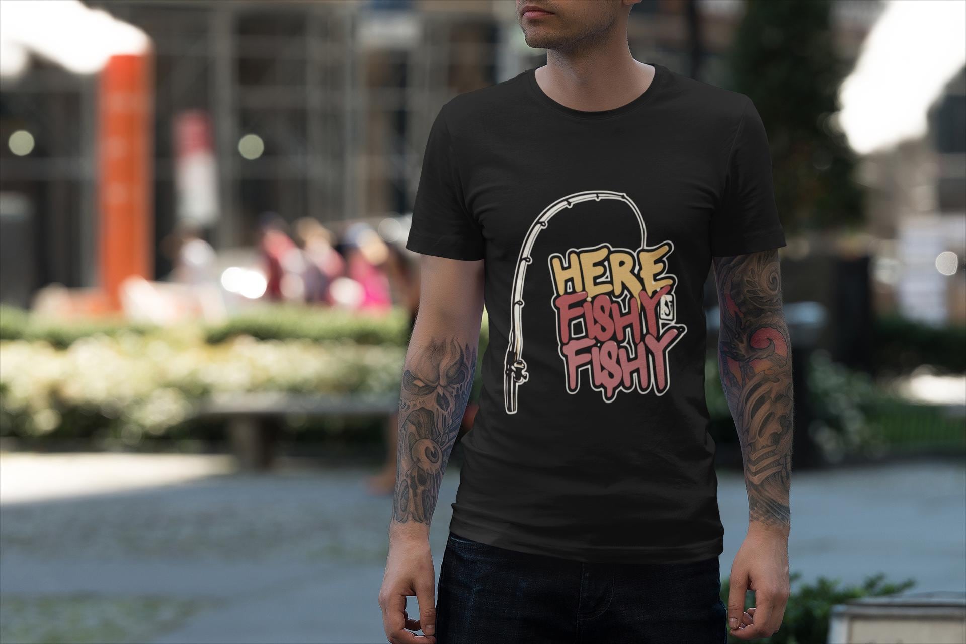 Here Fishy Fishing Rod T-Shirt | Matthew 4:19 Christian Fishing Tee