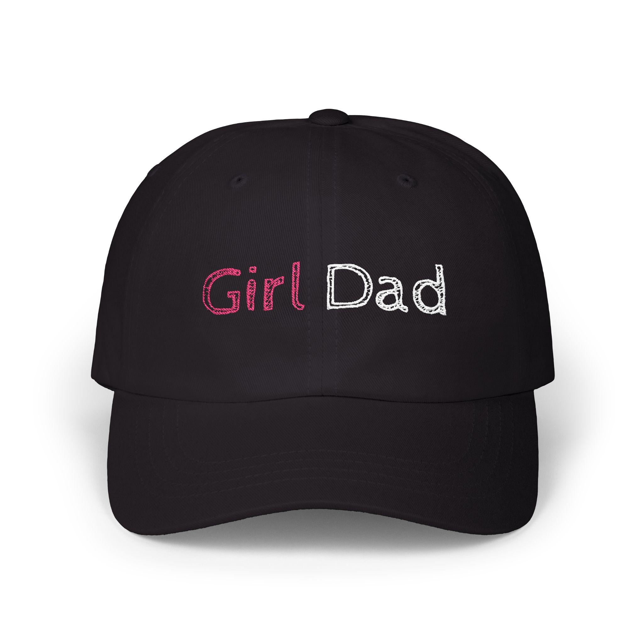 Girl Dad Cap | Embroidered Pink Sequin Text, White Baseball Hat
