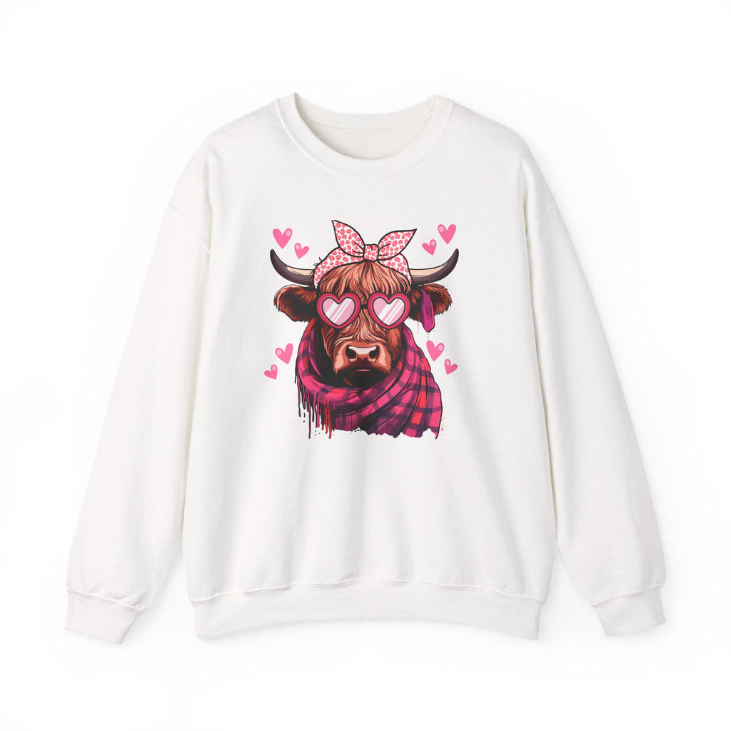 Valentine Highland Cow sweatshirt | Heart Sunglasses, Bandana, Pink Hearts