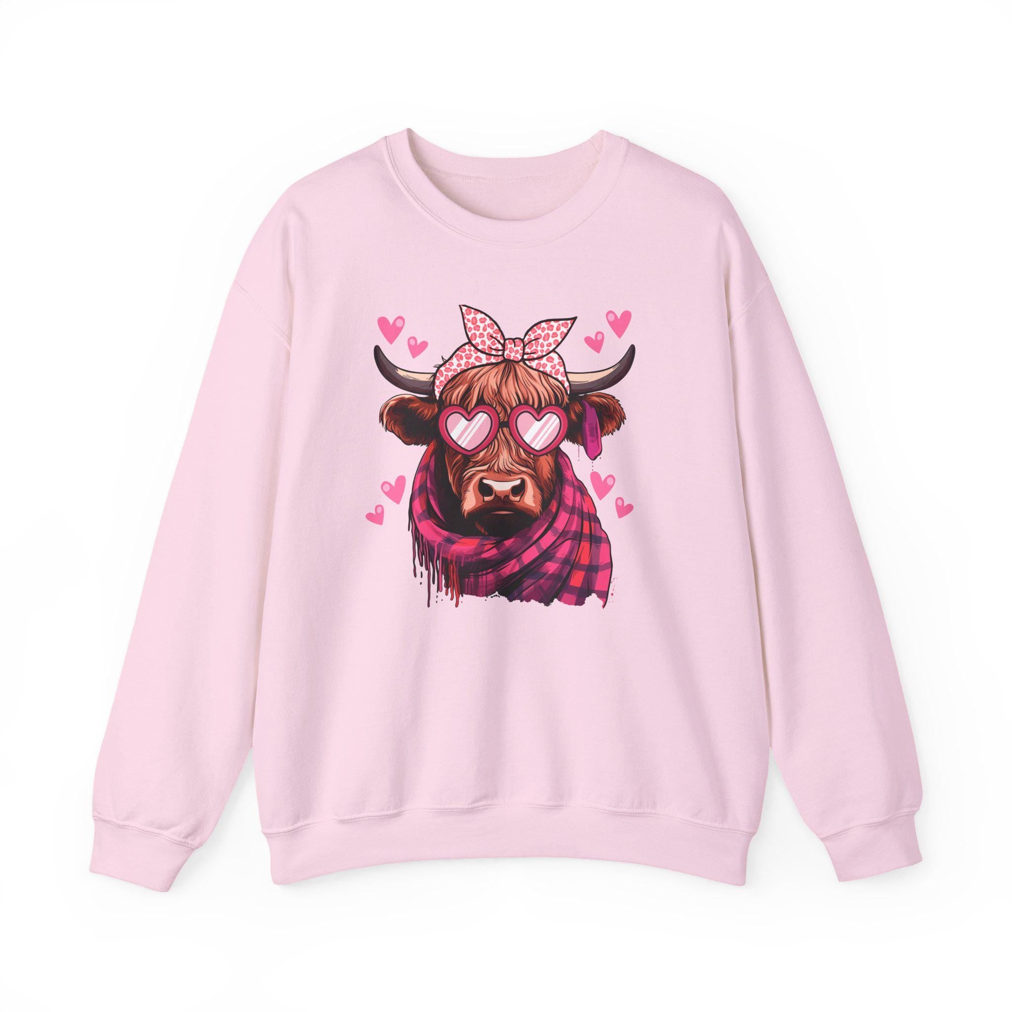 Valentine Highland Cow sweatshirt | Heart Sunglasses, Bandana, Pink Hearts