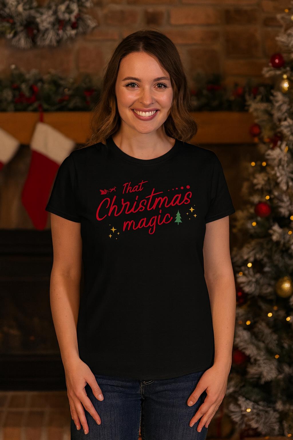 That Christmas Magic Tee | Holiday Script Typography, Small Tree Accent