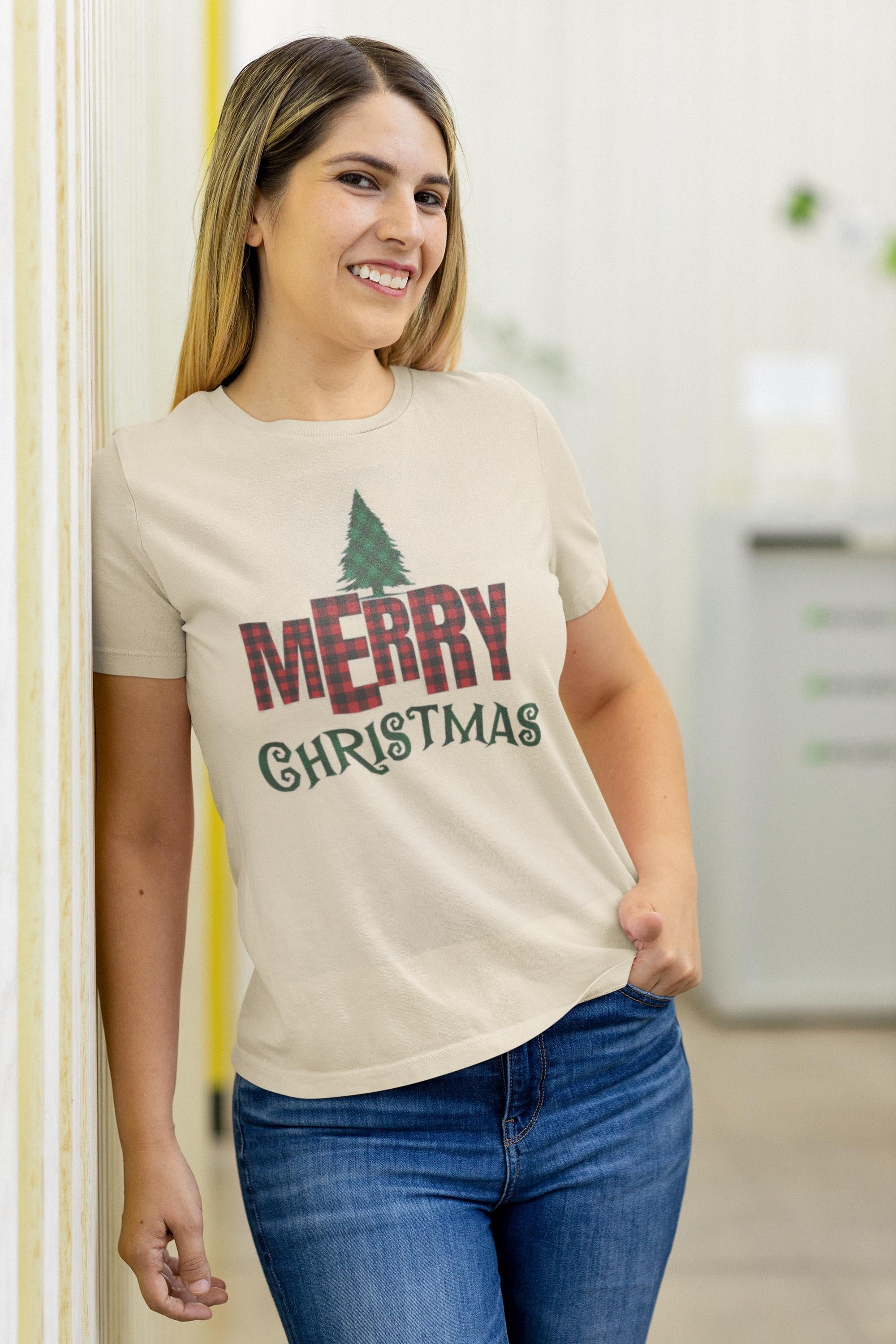 Plaid Merry Christmas with Tree T-Shirt | Holiday Tee