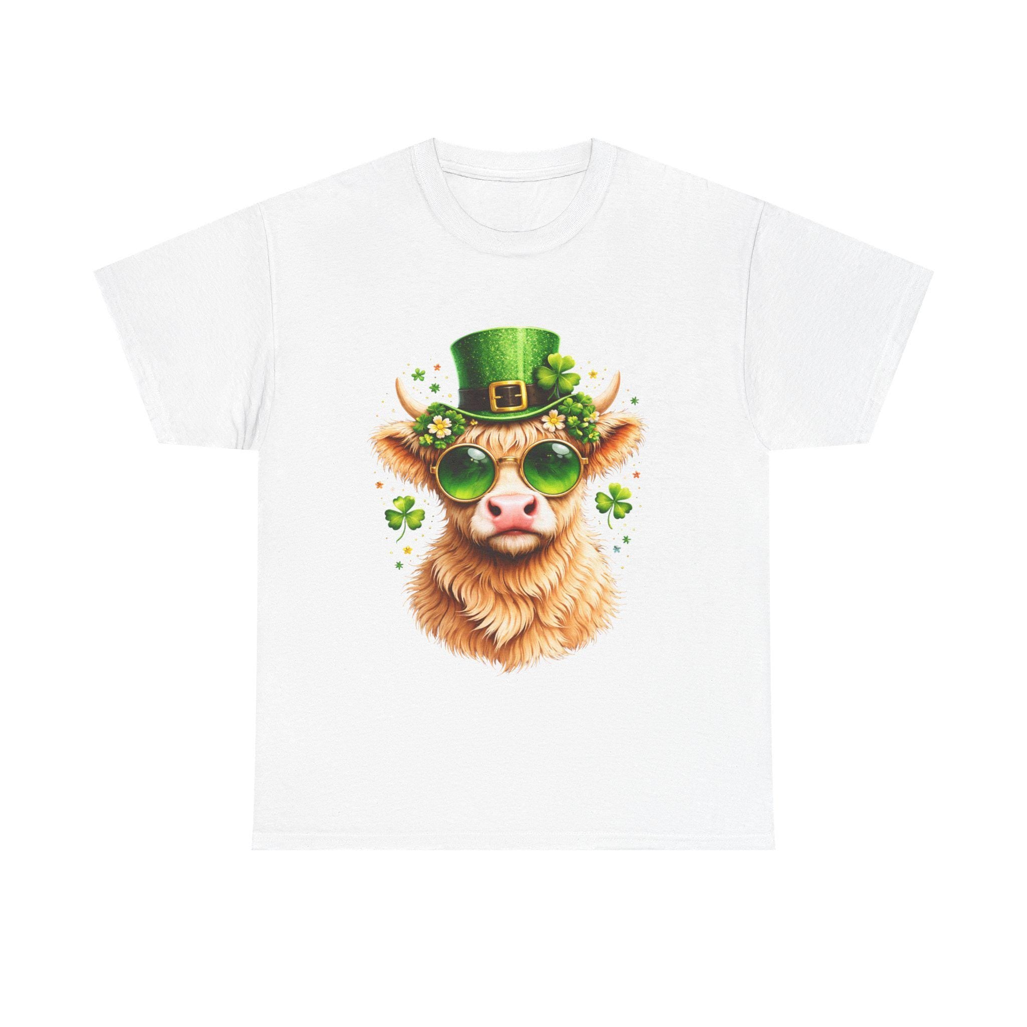 St. Patrick's Highland Cow Tee | Leprechaun Hat Shamrock Sunglasses
