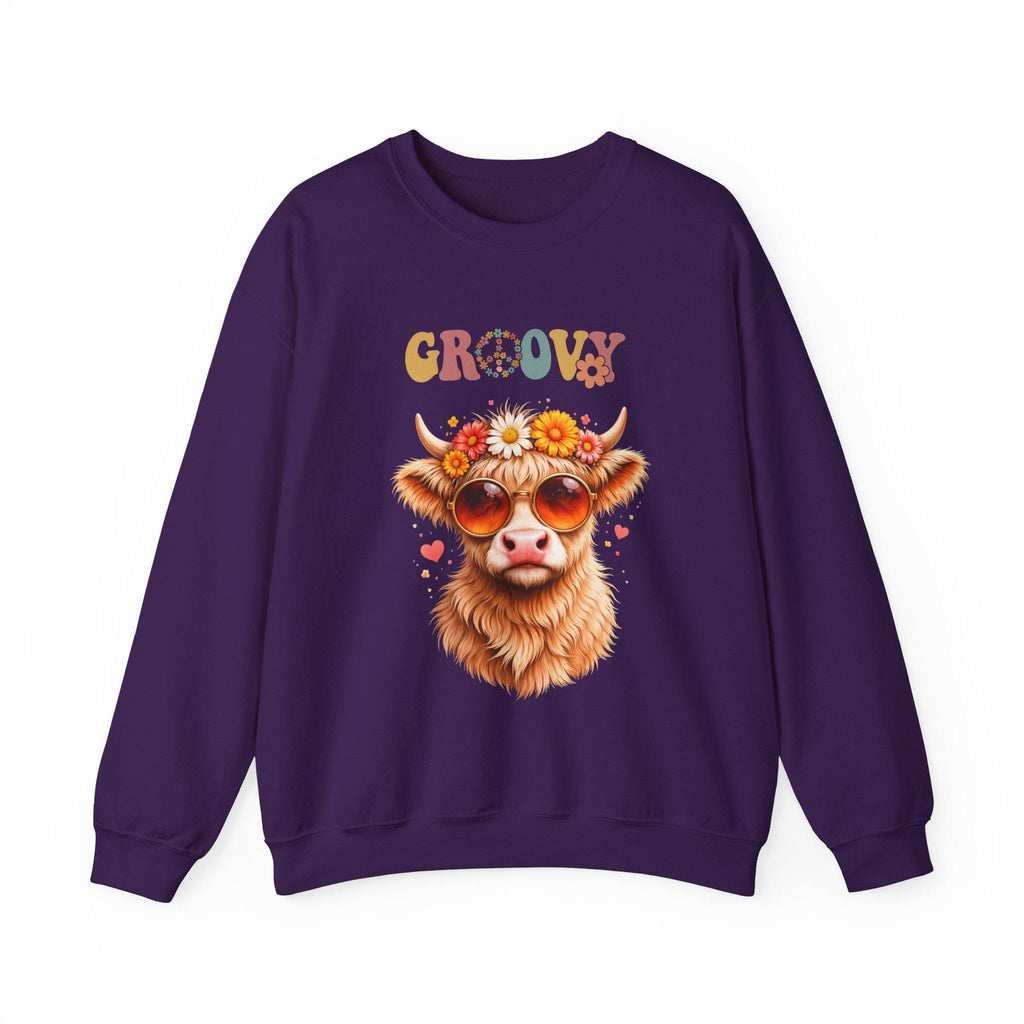 Groovy Retro Highland Cow Sweatshirt | 70s Vintage Cow Illustration