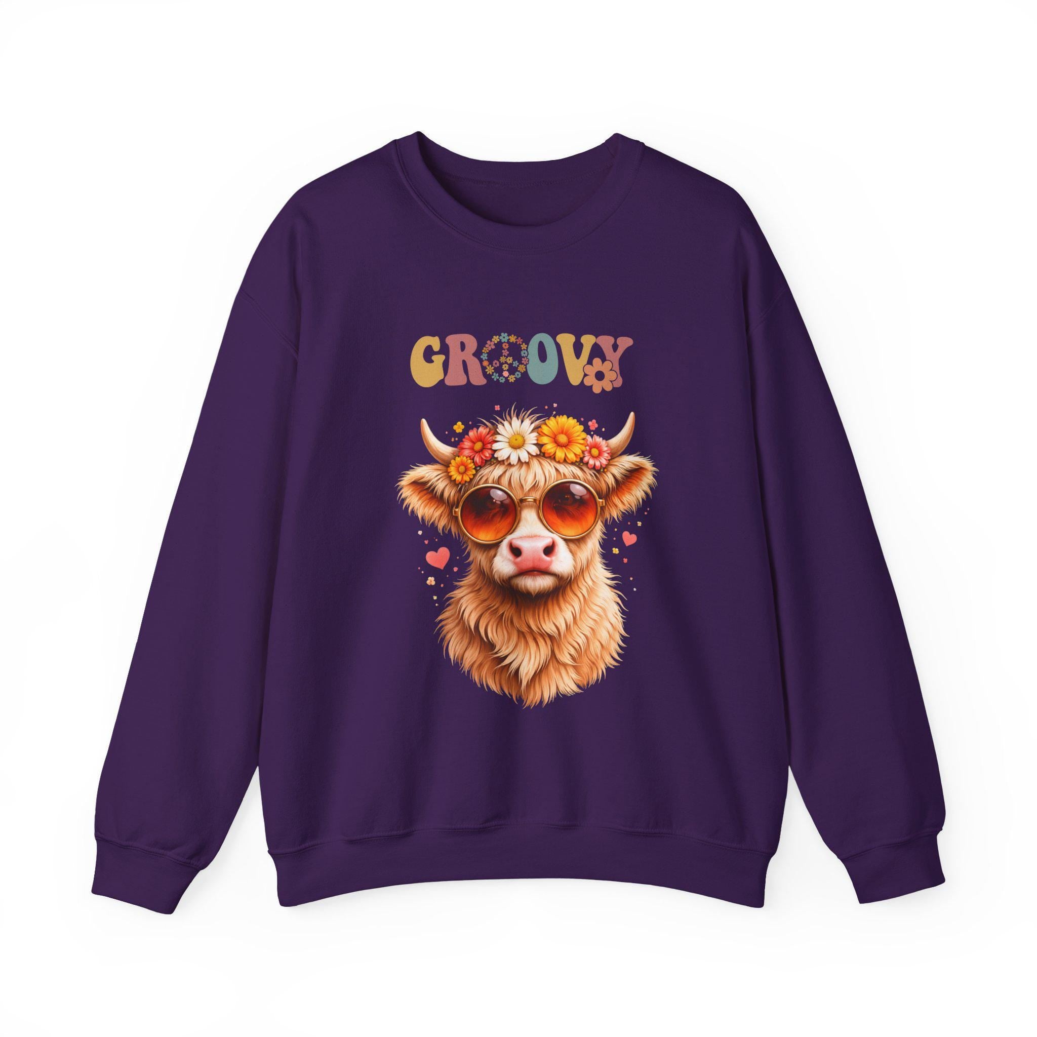 Groovy Retro Highland Cow Sweatshirt | 70s Vintage Cow Illustration
