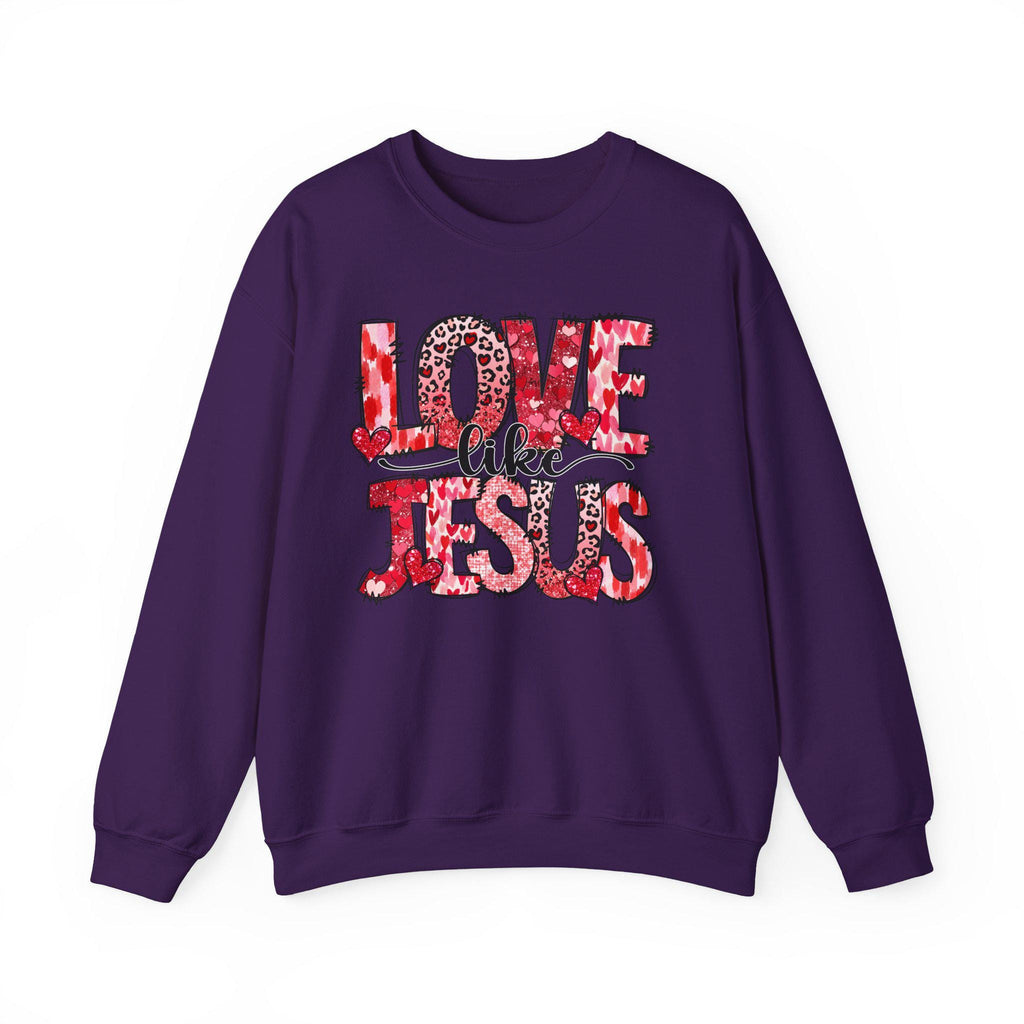 Love Like Jesus sweatshirt | Christian faith graphic, red leopard heart lettering