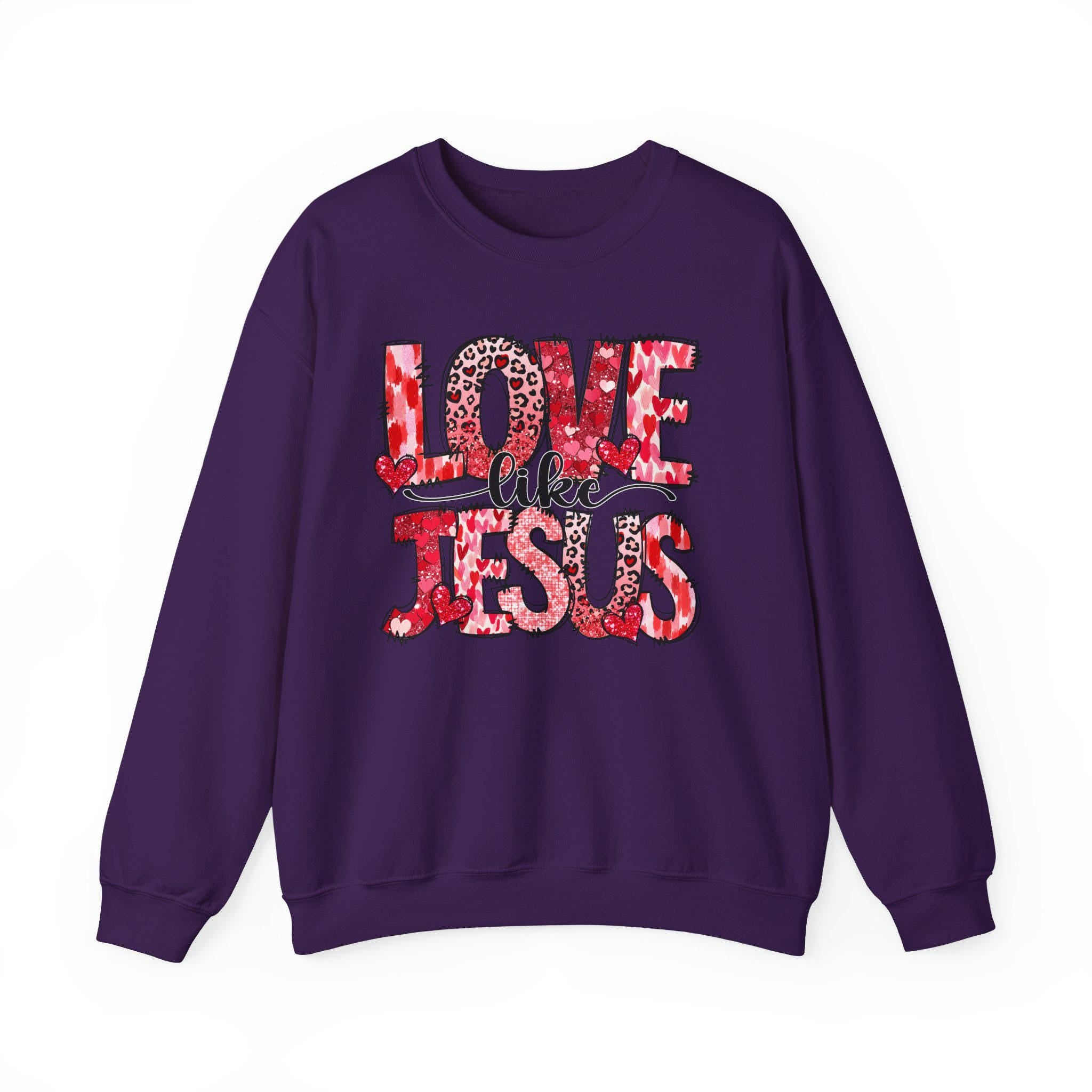 Love Like Jesus sweatshirt | Christian faith graphic, red leopard heart lettering