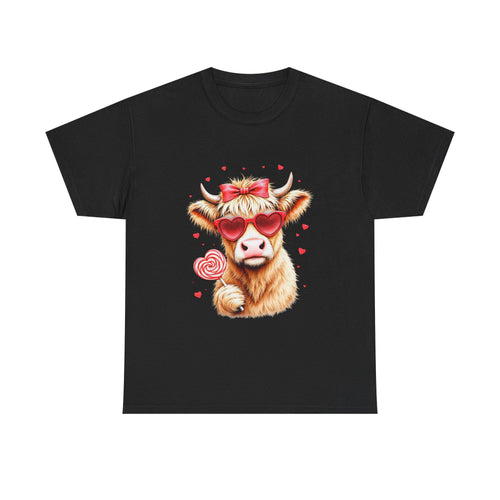 Cow with Heart Sunglasses Tee | Whimsical Lollipop Illustration