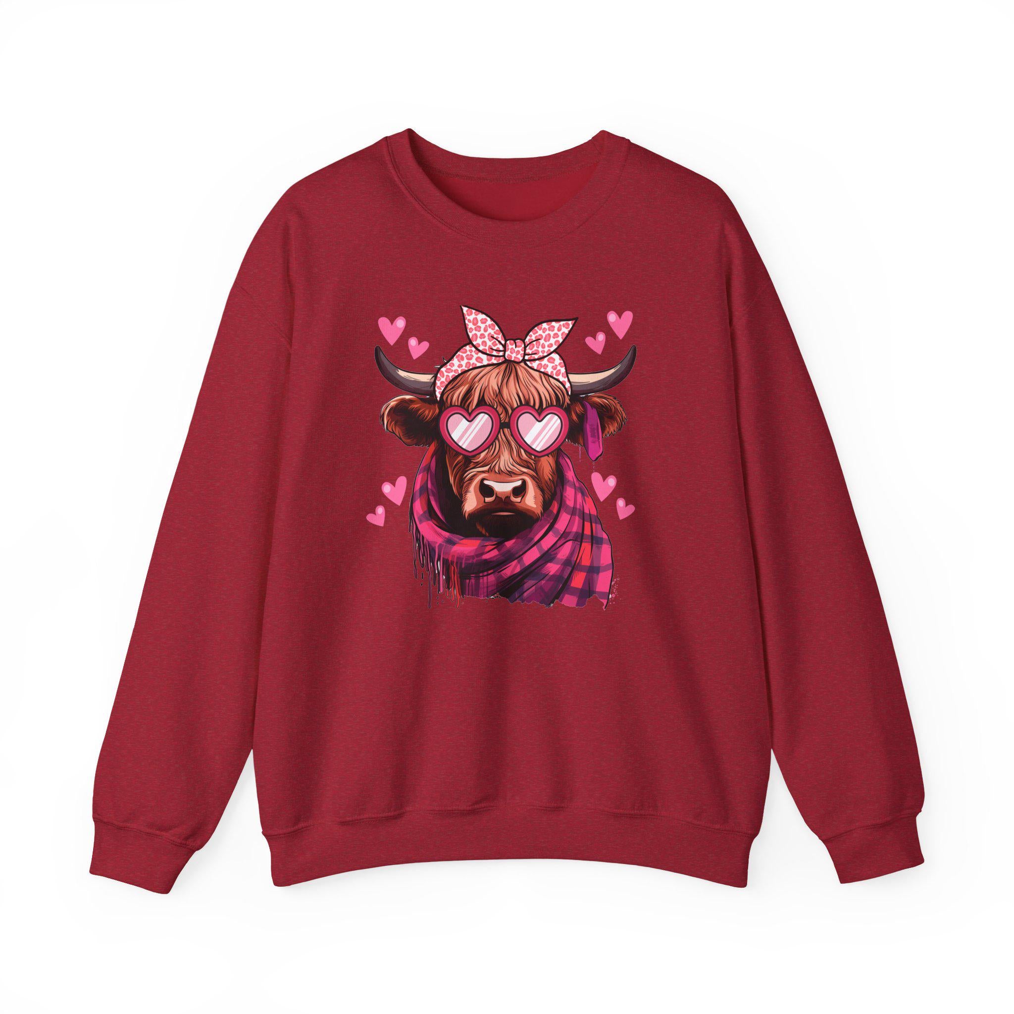 Valentine Highland Cow sweatshirt | Heart Sunglasses, Bandana, Pink Hearts