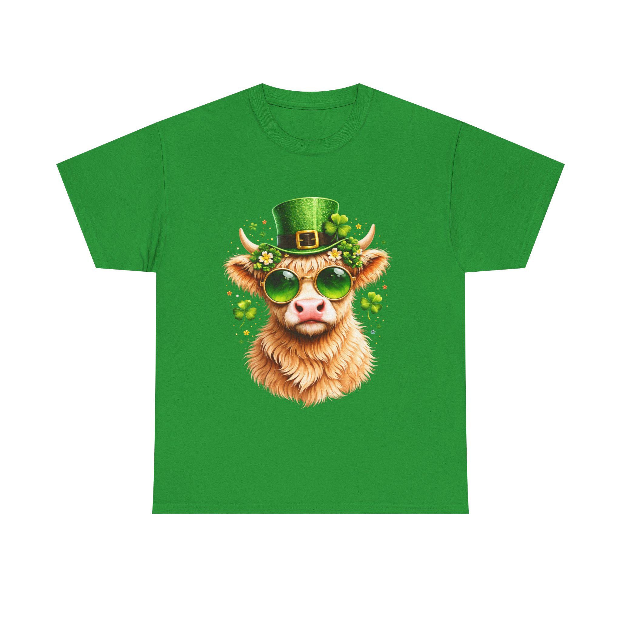 St. Patrick's Highland Cow Tee | Leprechaun Hat Shamrock Sunglasses