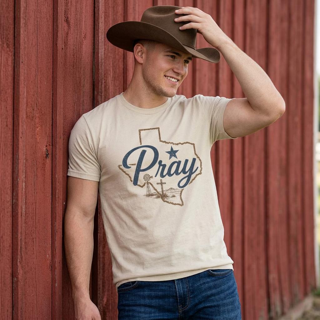 Pray Texas Gildan Tee | Texas outline, cross, star, faith design