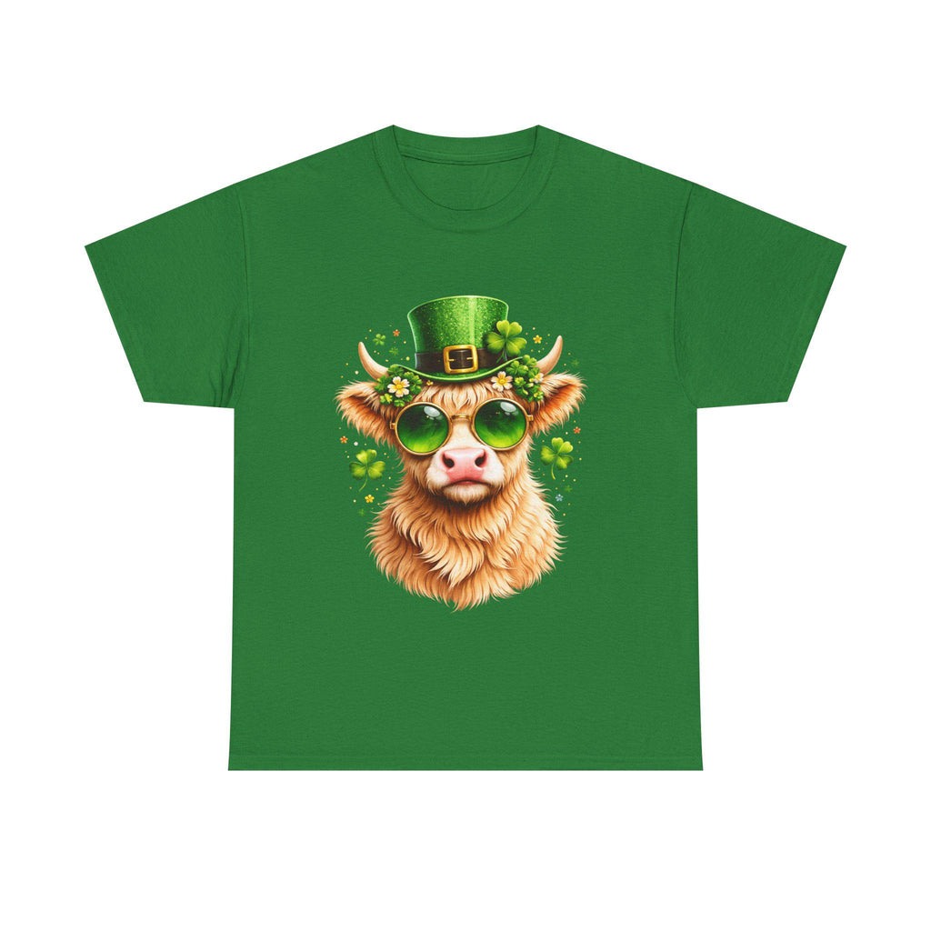 St. Patrick's Highland Cow Tee | Leprechaun Hat Shamrock Sunglasses