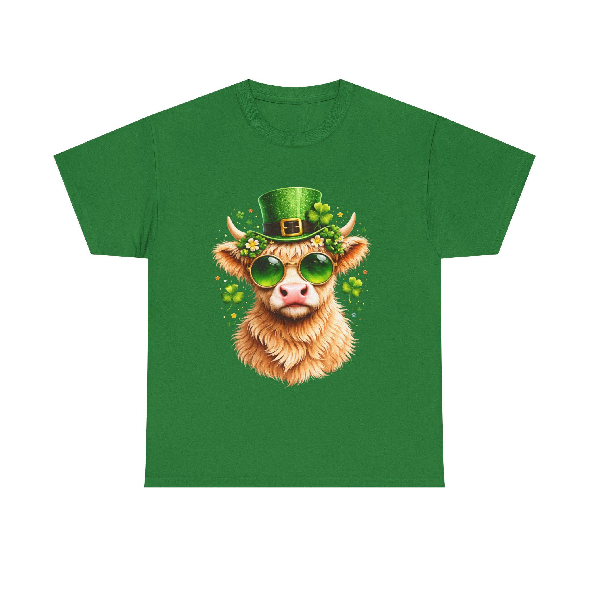 St. Patrick's Highland Cow Tee | Leprechaun Hat Shamrock Sunglasses
