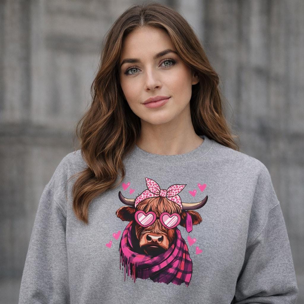 Valentine Highland Cow sweatshirt | Heart Sunglasses, Bandana, Pink Hearts