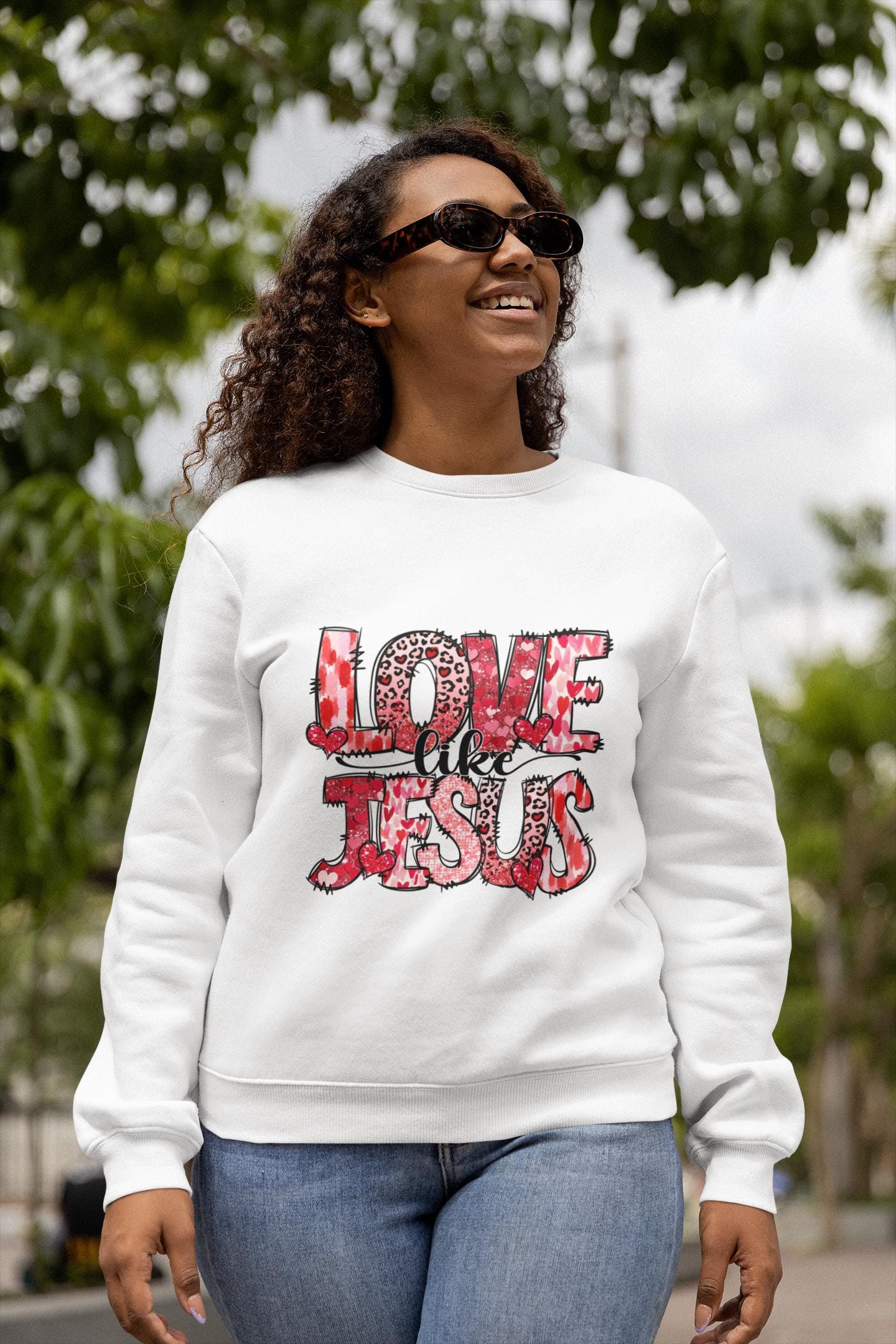 Love Like Jesus sweatshirt | Christian faith graphic, red leopard heart lettering