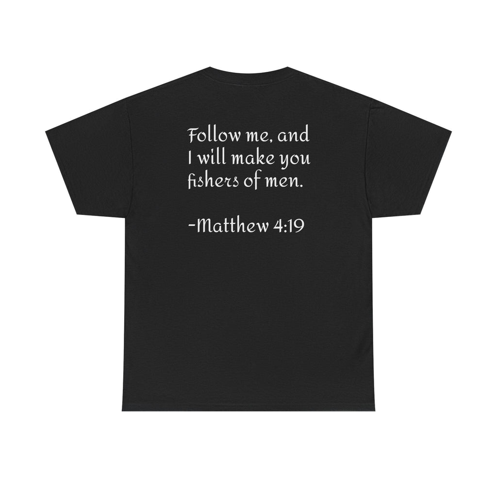 Here Fishy Fishing Rod T-Shirt | Matthew 4:19 Christian Fishing Tee