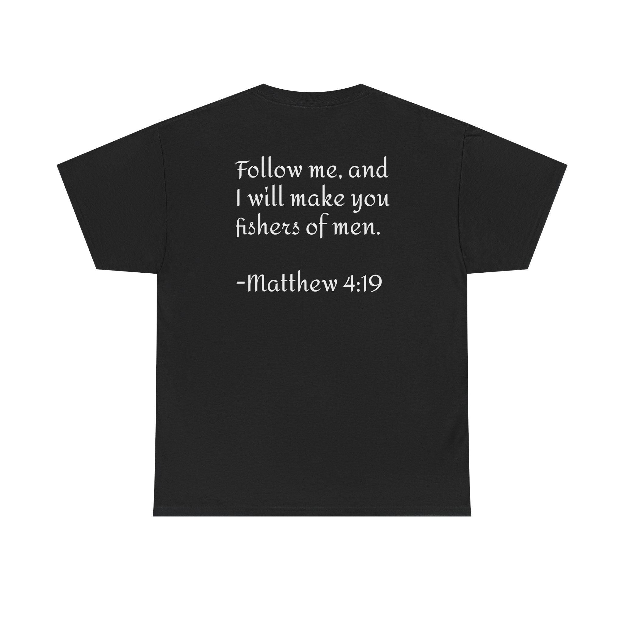 Here Fishy Fishing Rod T-Shirt | Matthew 4:19 Christian Fishing Tee