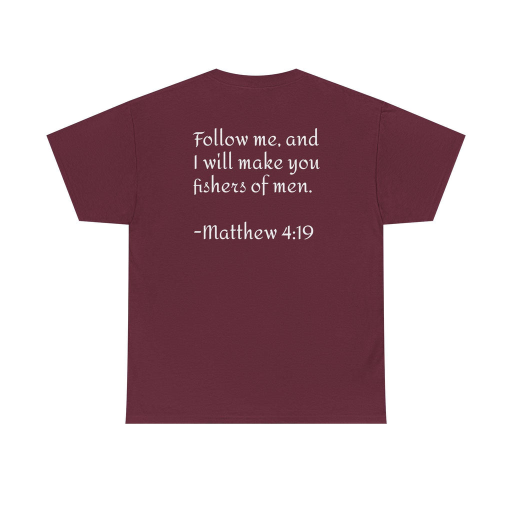 Here Fishy Fishing Rod T-Shirt | Matthew 4:19 Christian Fishing Tee