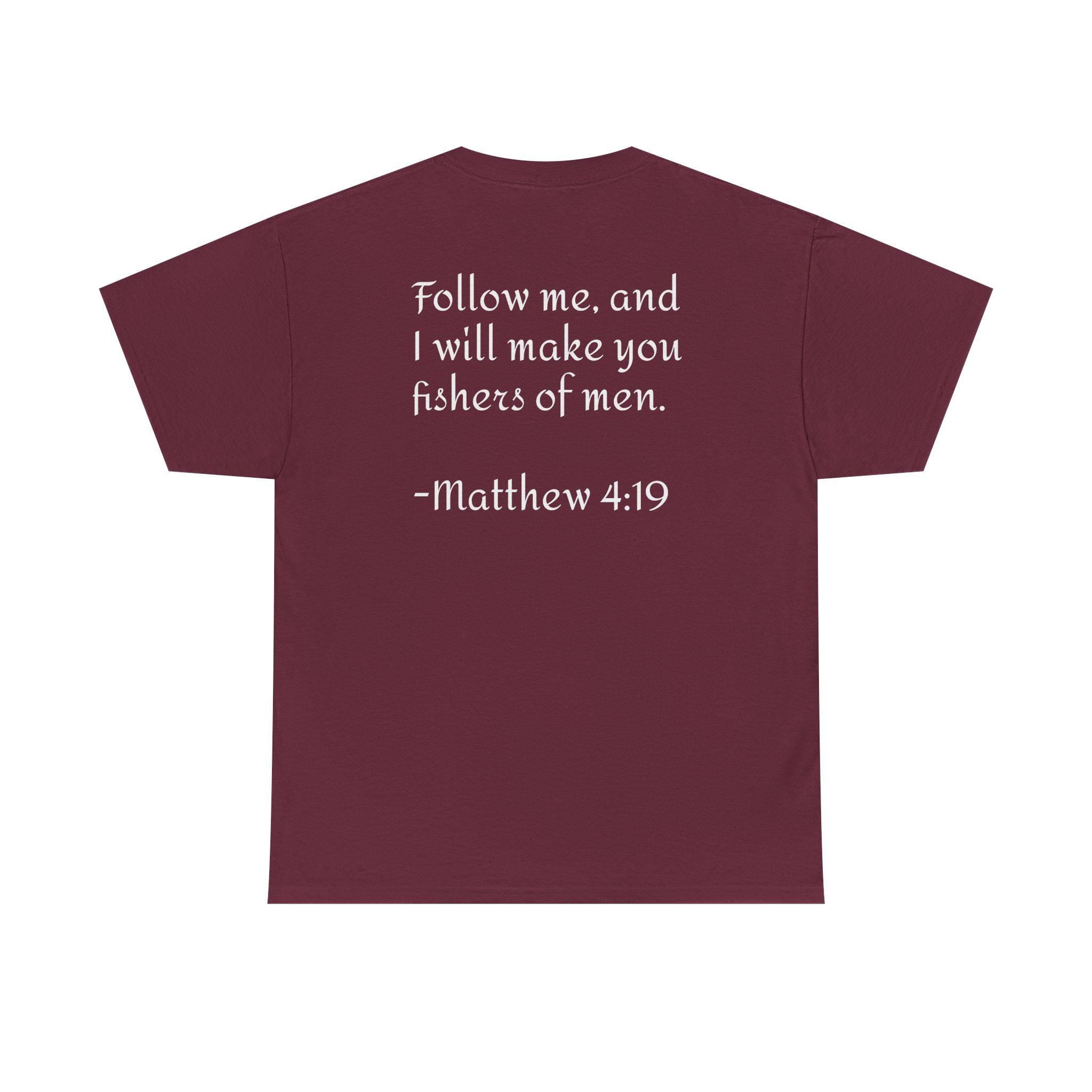 Here Fishy Fishing Rod T-Shirt | Matthew 4:19 Christian Fishing Tee