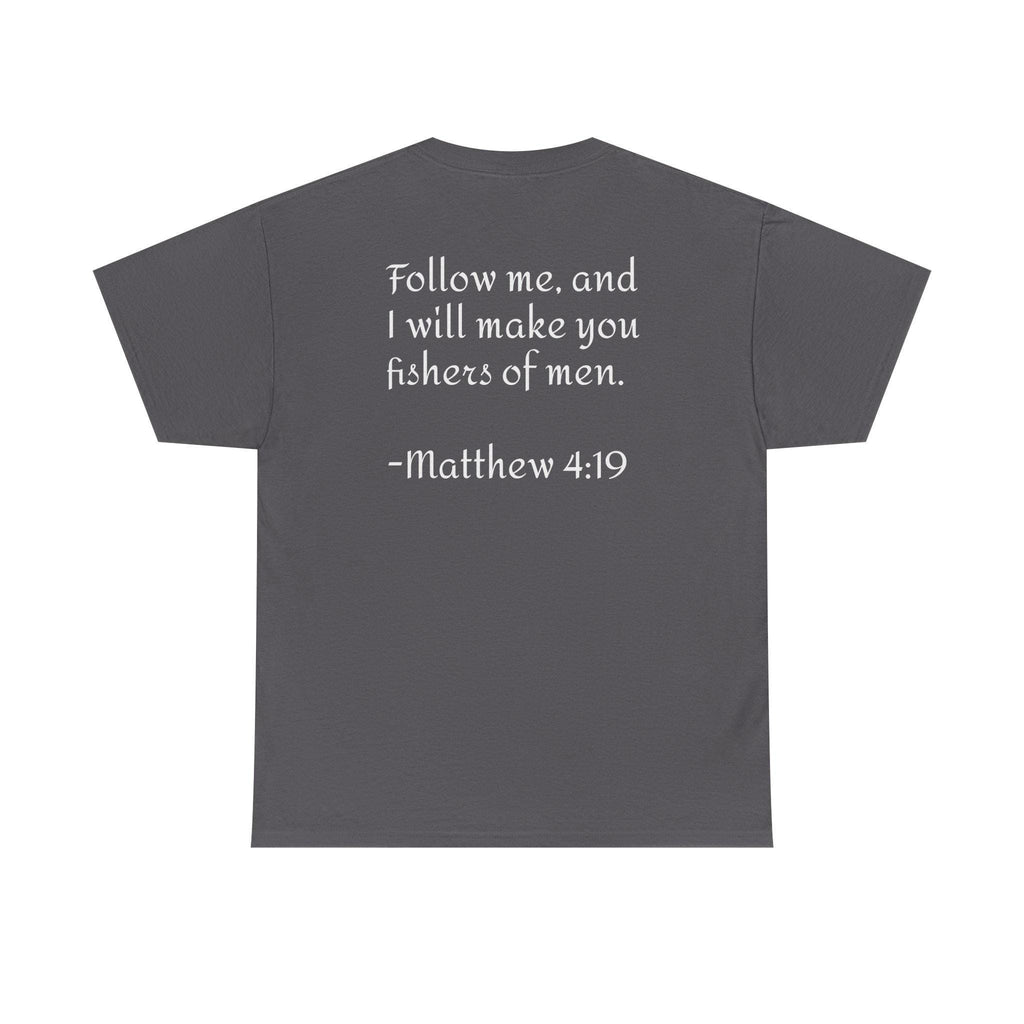 Here Fishy Fishing Rod T-Shirt | Matthew 4:19 Christian Fishing Tee