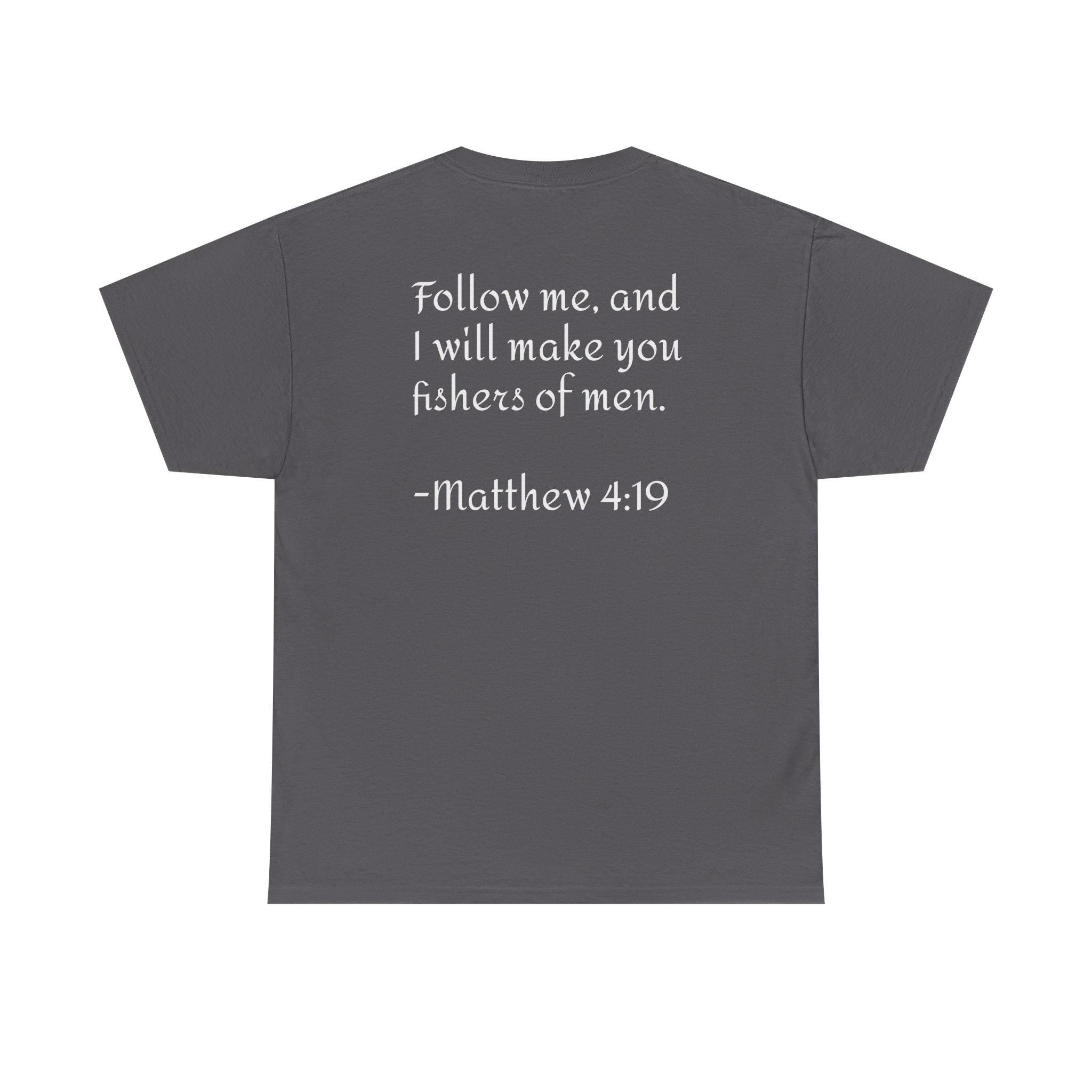 Here Fishy Fishing Rod T-Shirt | Matthew 4:19 Christian Fishing Tee