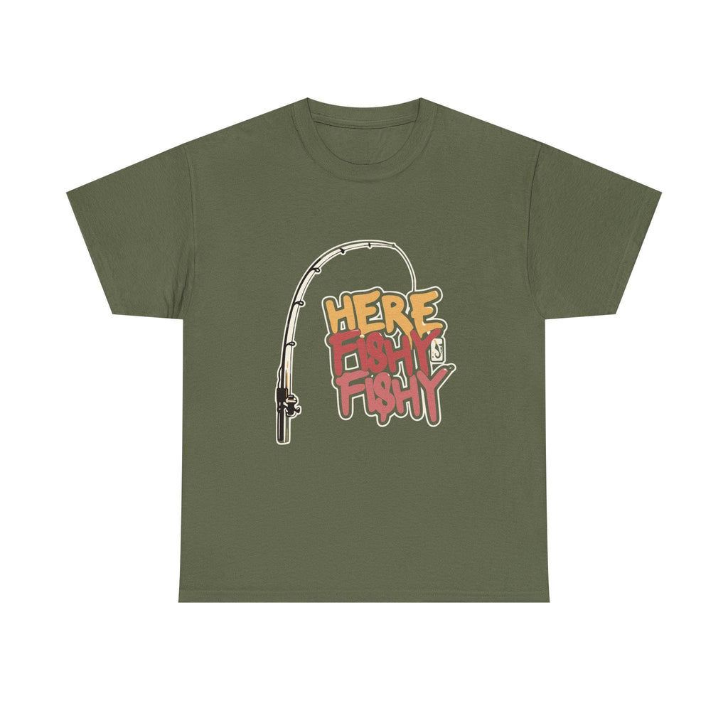 Here Fishy Fishing Rod T-Shirt | Matthew 4:19 Christian Fishing Tee