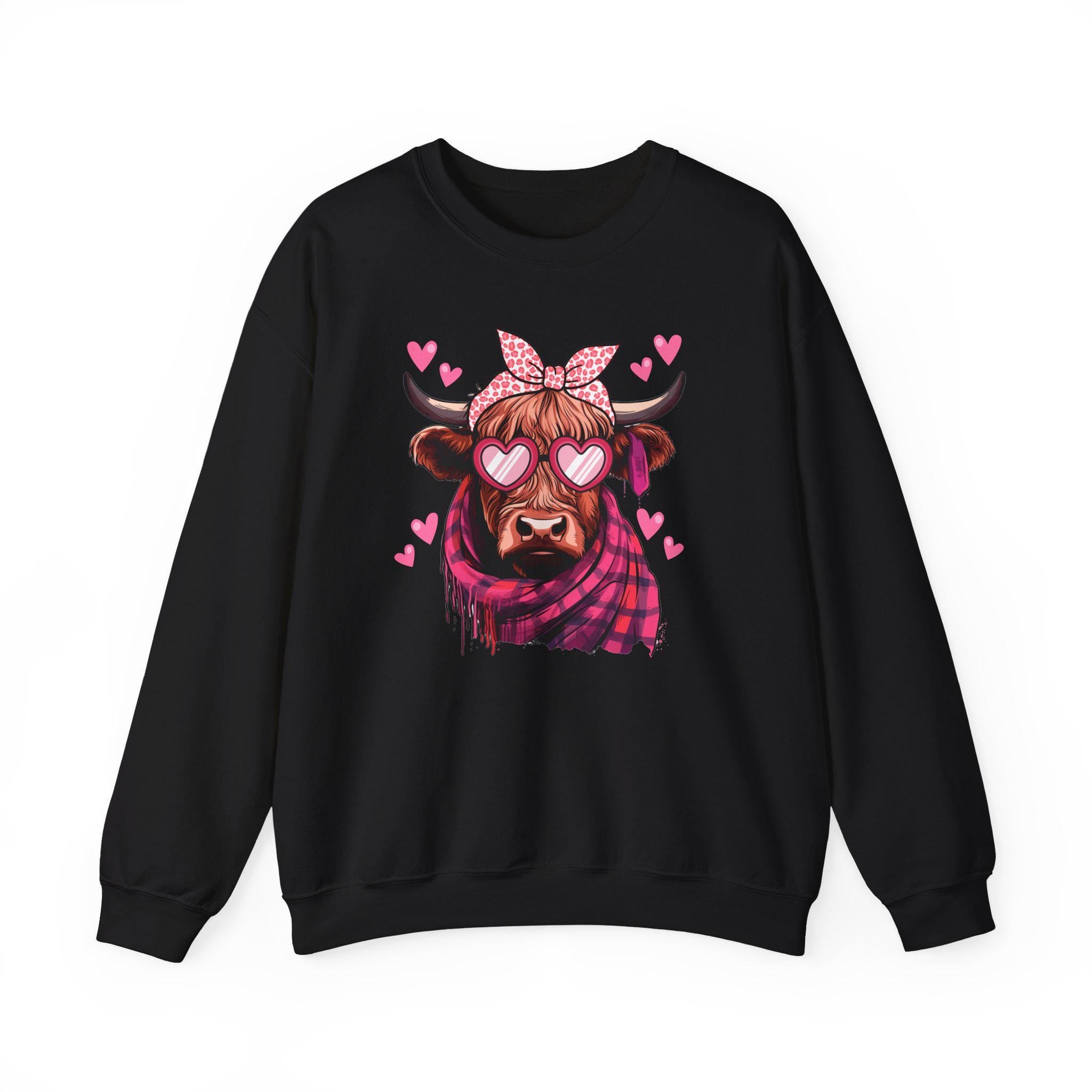 Valentine Highland Cow sweatshirt | Heart Sunglasses, Bandana, Pink Hearts