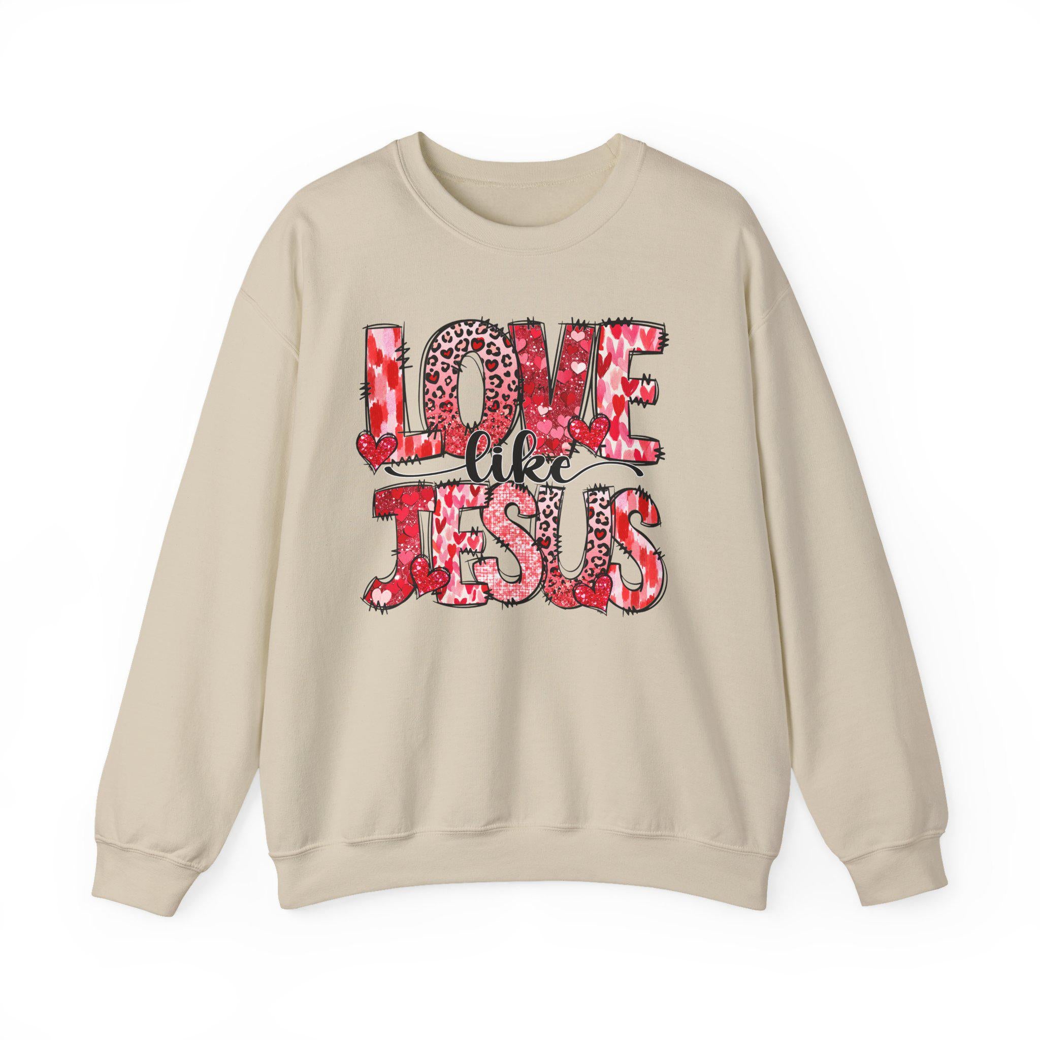 Love Like Jesus sweatshirt | Christian faith graphic, red leopard heart lettering