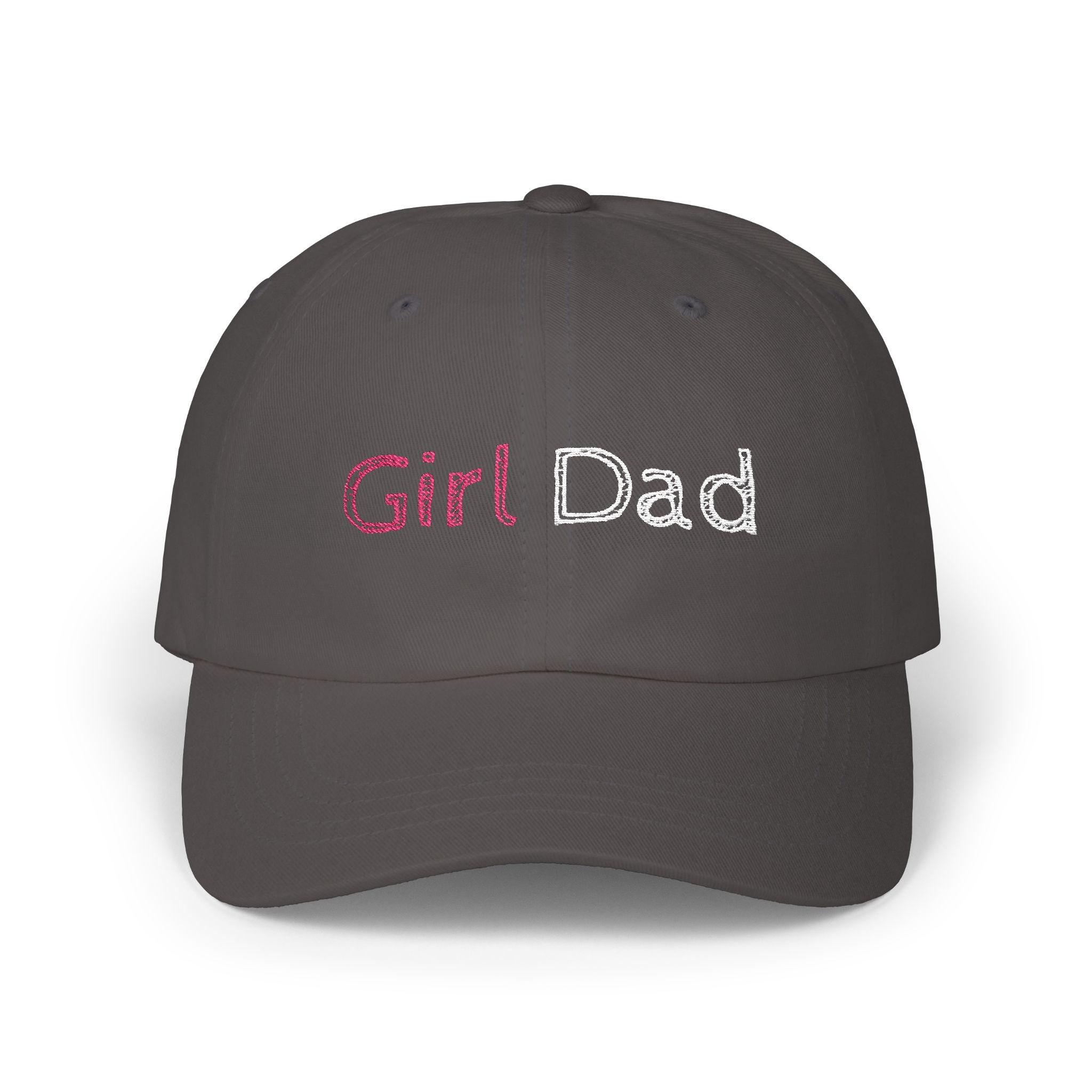 Girl Dad Cap | Embroidered Pink Sequin Text, White Baseball Hat
