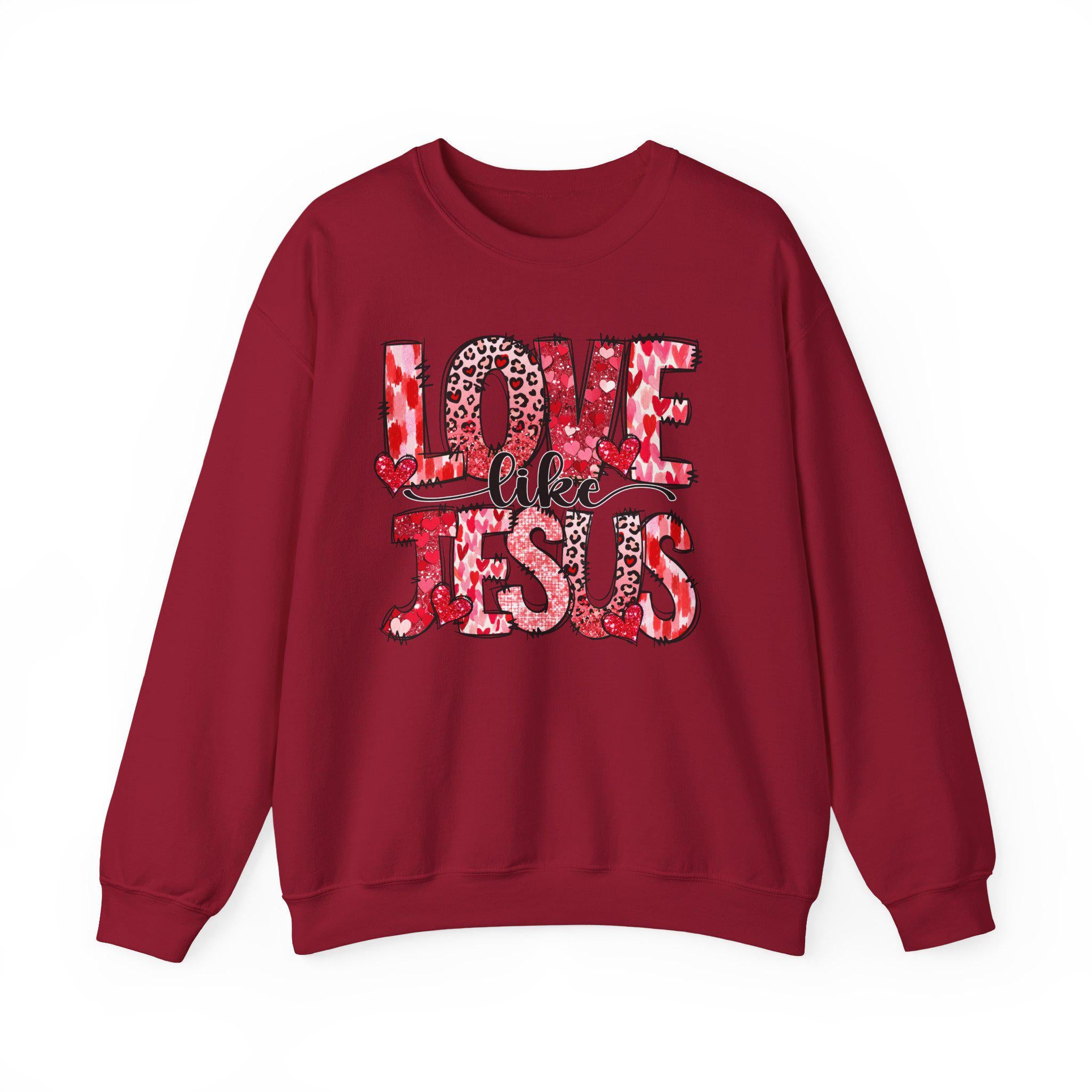 Love Like Jesus sweatshirt | Christian faith graphic, red leopard heart lettering