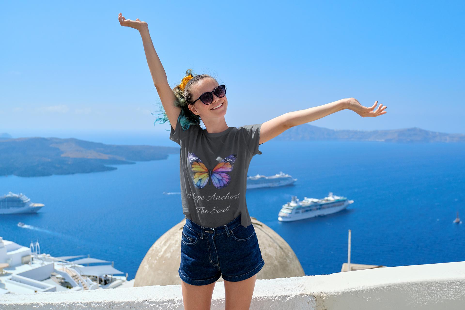 Rainbow Butterfly Hope Anchors The Soul Tee | Butterfly Graphic Shirt