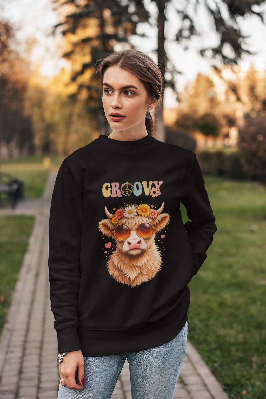Groovy Retro Highland Cow Sweatshirt | 70s Vintage Cow Illustration