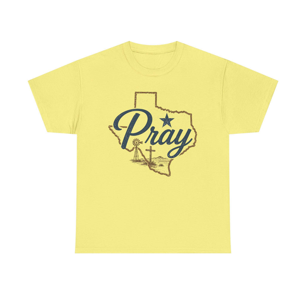 Pray Texas Gildan Tee | Texas outline, cross, star, faith design