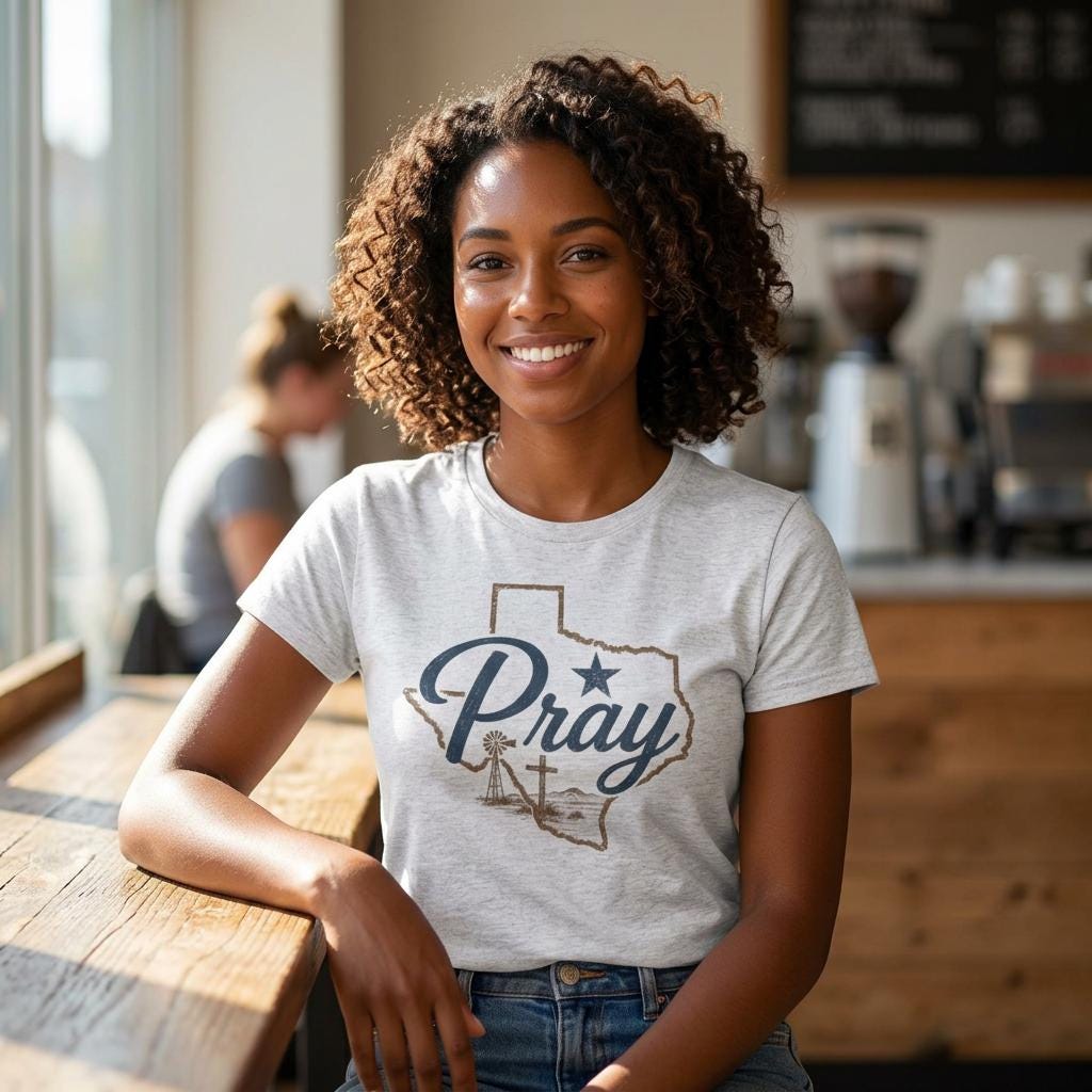 Pray Texas Gildan Tee | Texas outline, cross, star, faith design