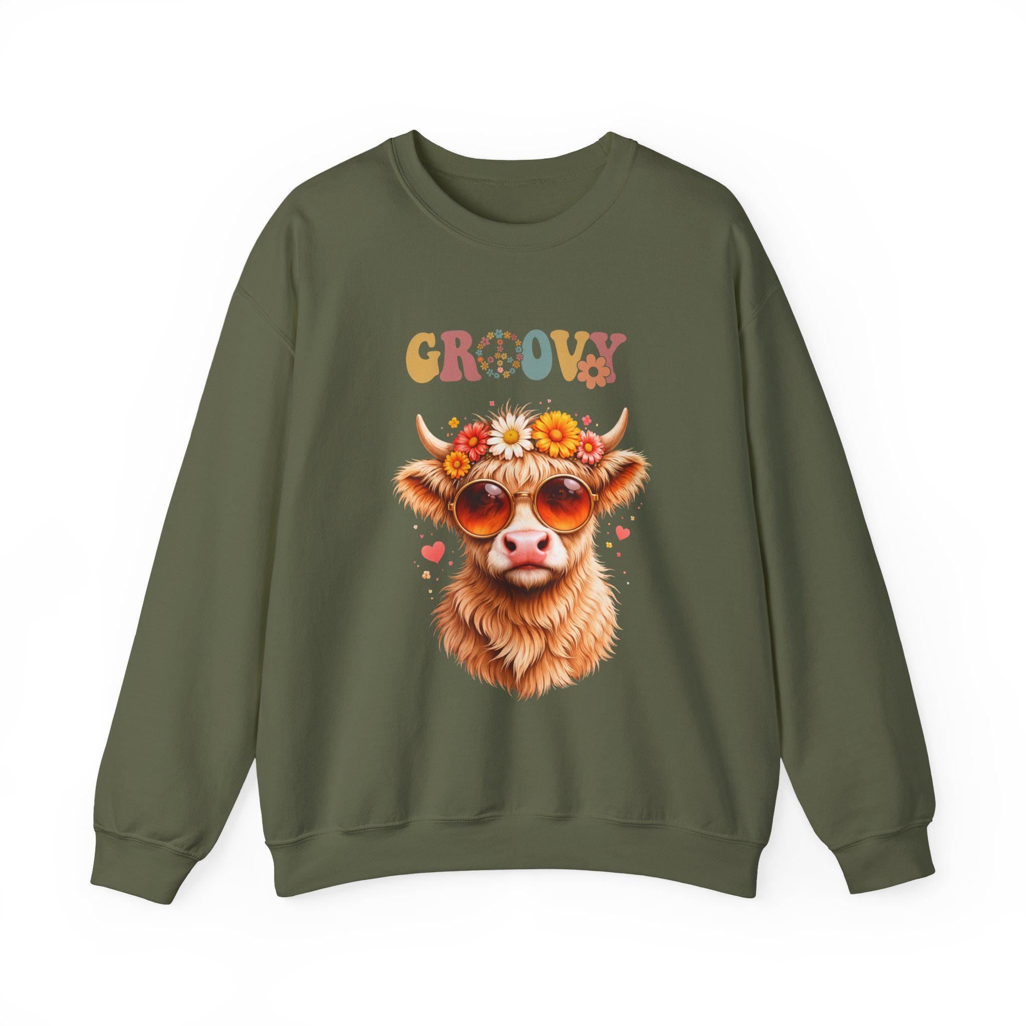 Groovy Retro Highland Cow Sweatshirt | 70s Vintage Cow Illustration