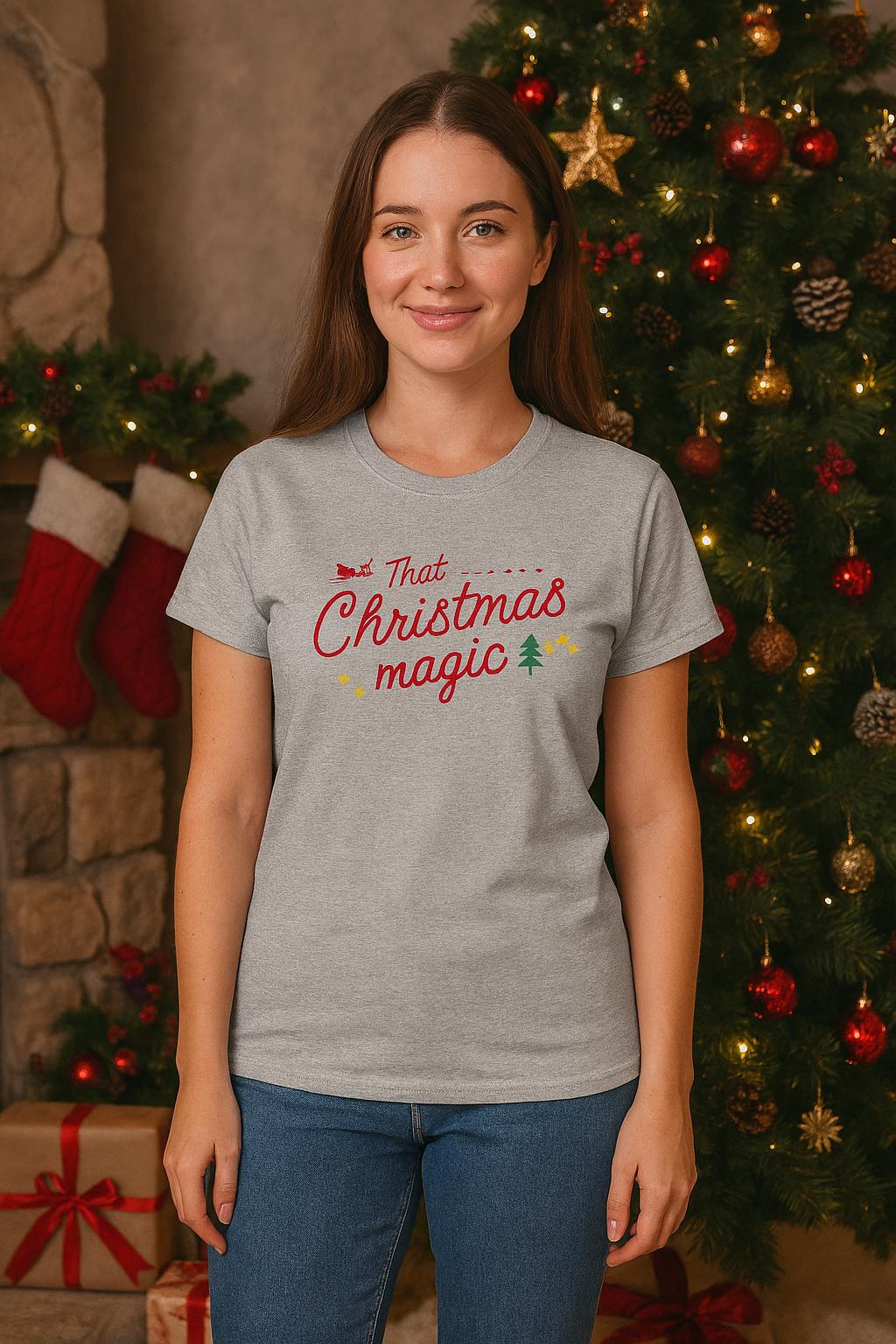 That Christmas Magic Tee | Holiday Script Typography, Small Tree Accent