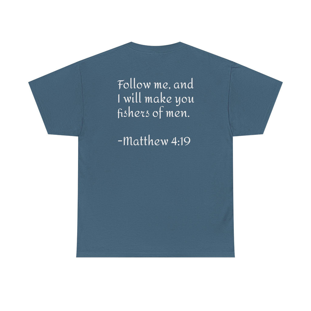 Here Fishy Fishing Rod T-Shirt | Matthew 4:19 Christian Fishing Tee