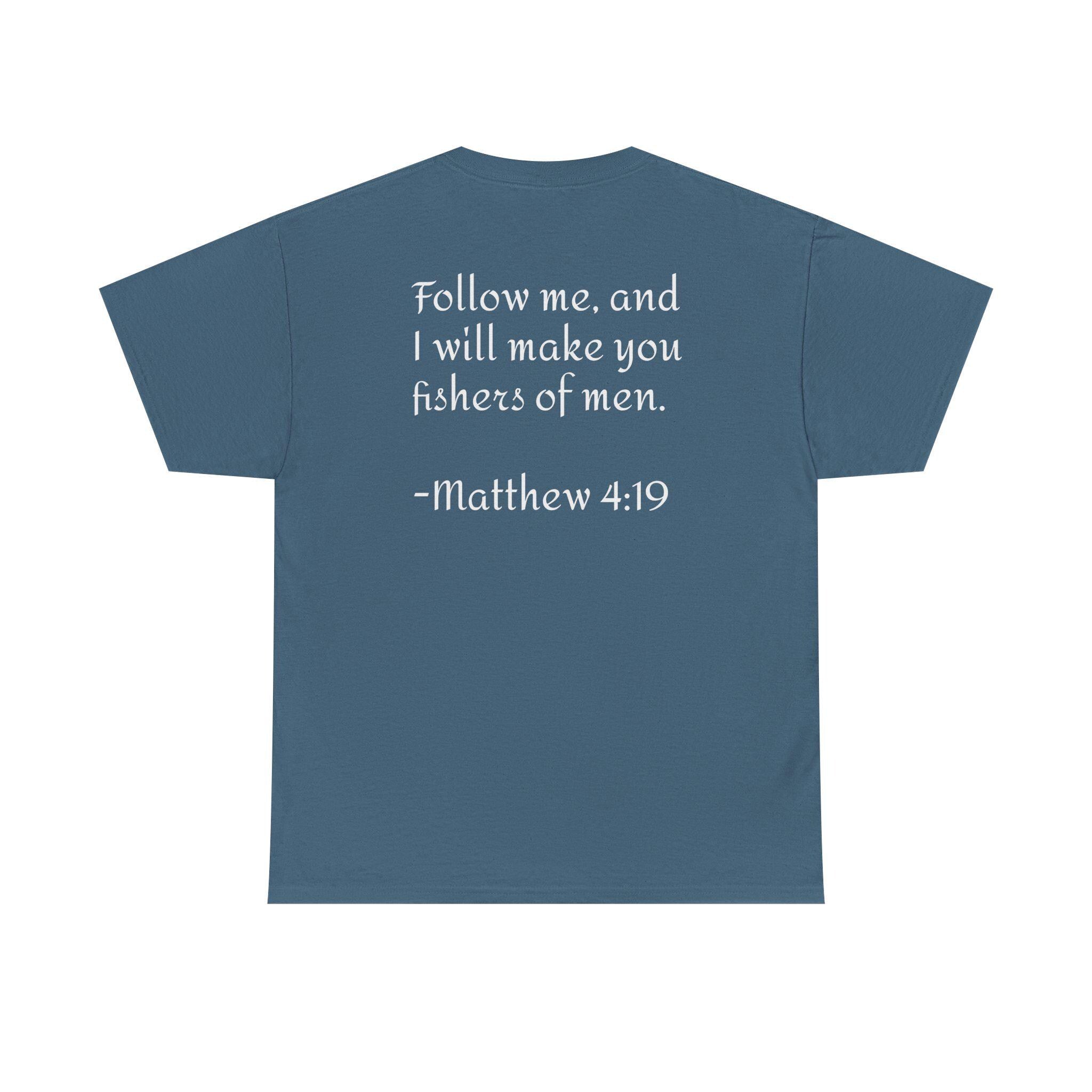 Here Fishy Fishing Rod T-Shirt | Matthew 4:19 Christian Fishing Tee