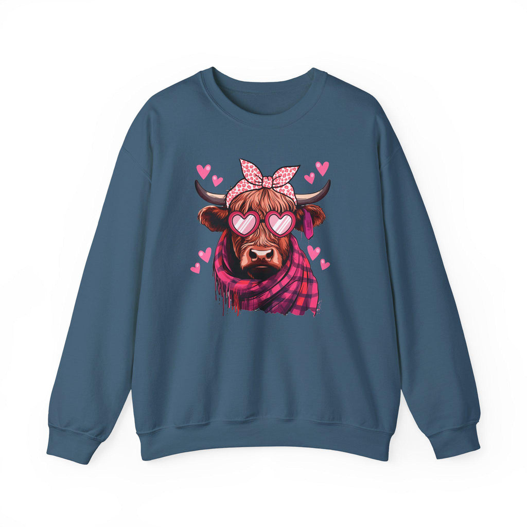Valentine Highland Cow sweatshirt | Heart Sunglasses, Bandana, Pink Hearts