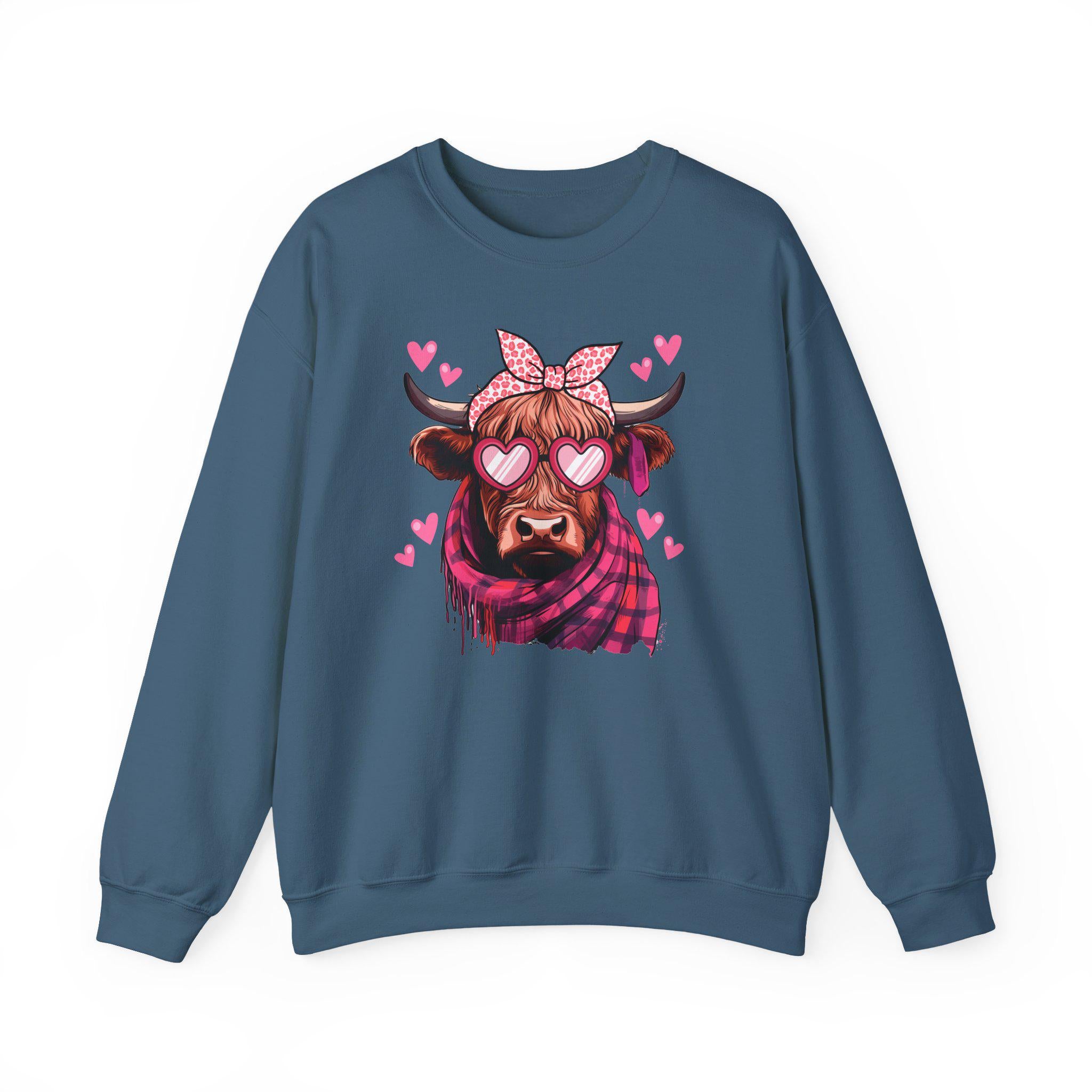 Valentine Highland Cow sweatshirt | Heart Sunglasses, Bandana, Pink Hearts