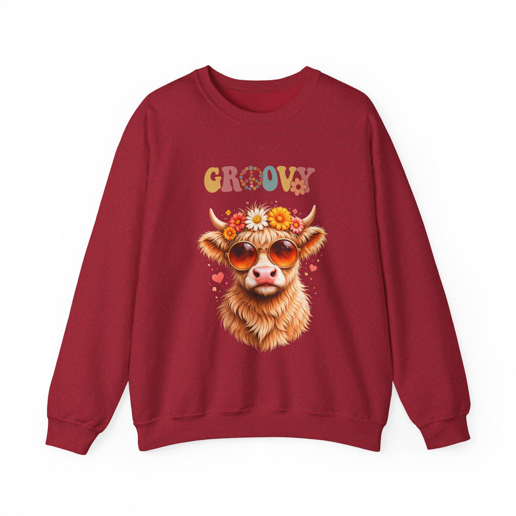 Groovy Retro Highland Cow Sweatshirt | 70s Vintage Cow Illustration
