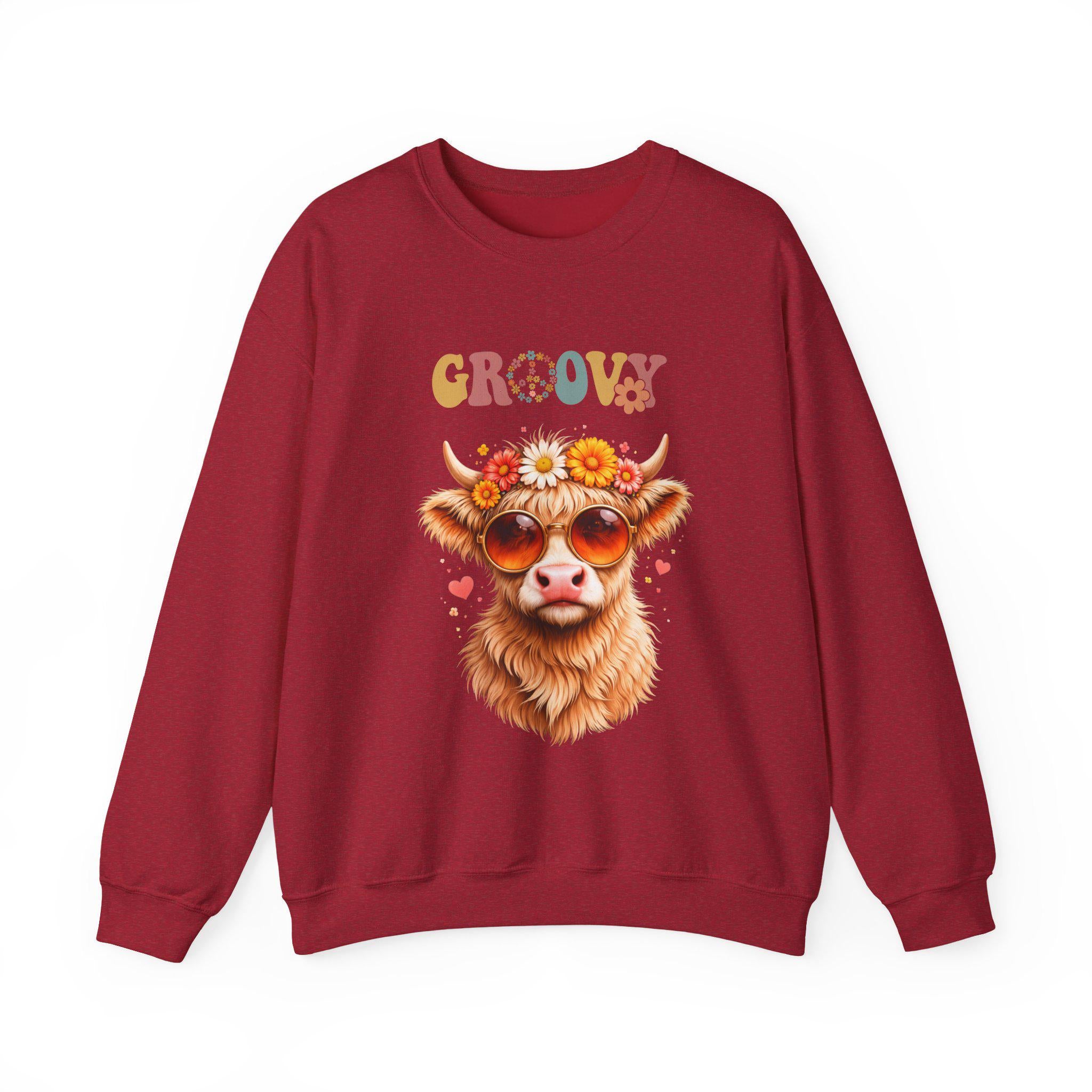 Groovy Retro Highland Cow Sweatshirt | 70s Vintage Cow Illustration