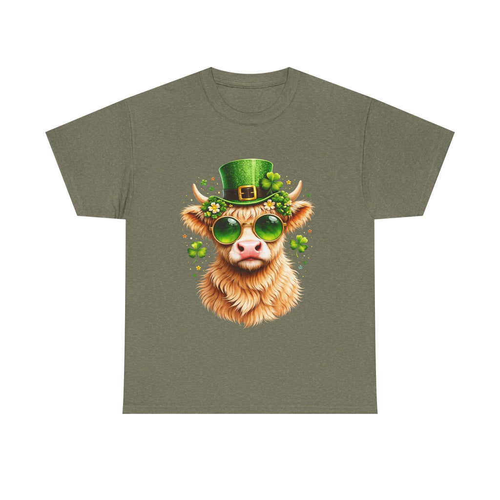 St. Patrick's Highland Cow Tee | Leprechaun Hat Shamrock Sunglasses