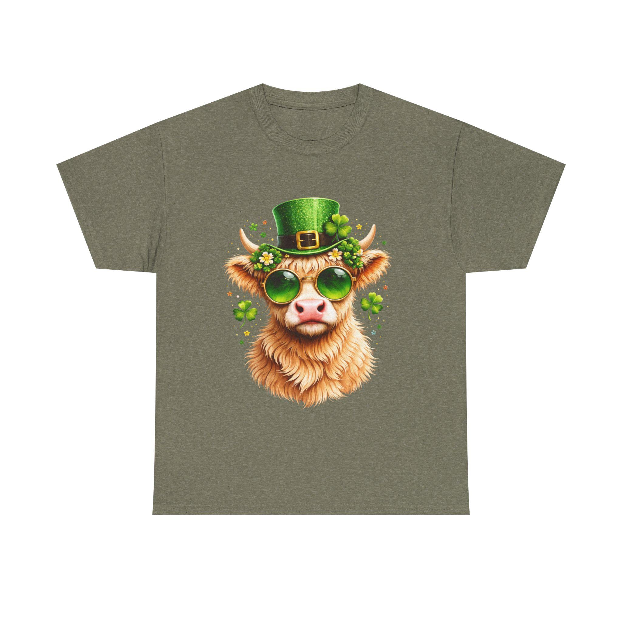 St. Patrick's Highland Cow Tee | Leprechaun Hat Shamrock Sunglasses