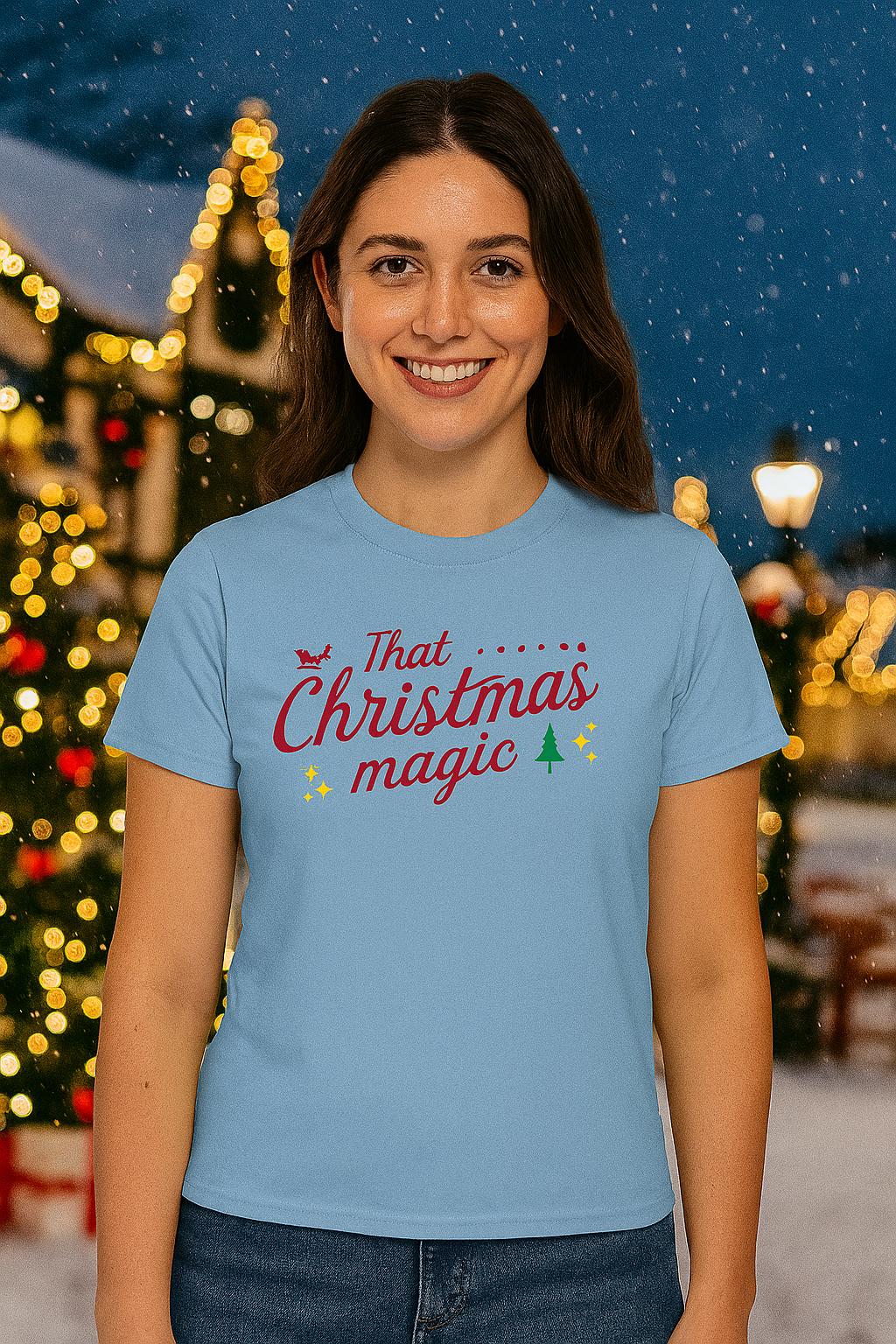 That Christmas Magic Tee | Holiday Script Typography, Small Tree Accent