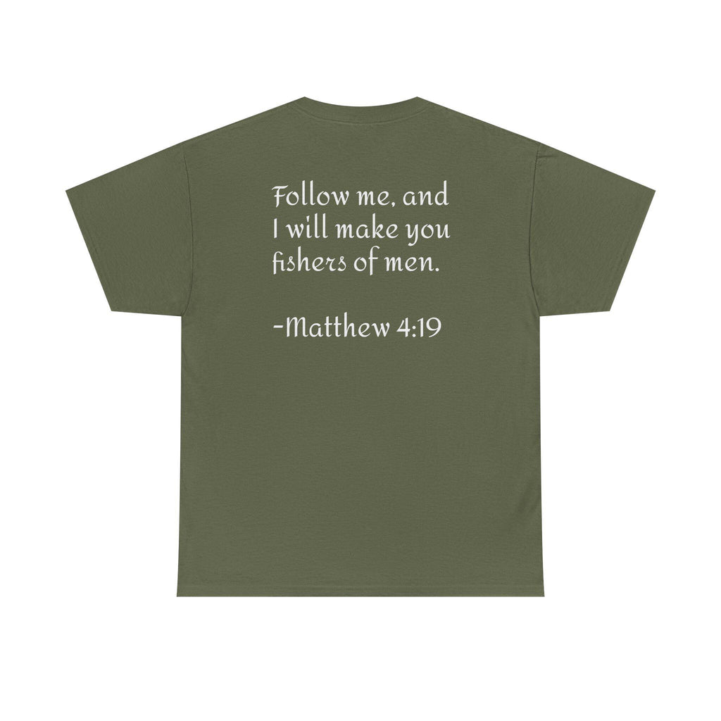 Here Fishy Fishing Rod T-Shirt | Matthew 4:19 Christian Fishing Tee