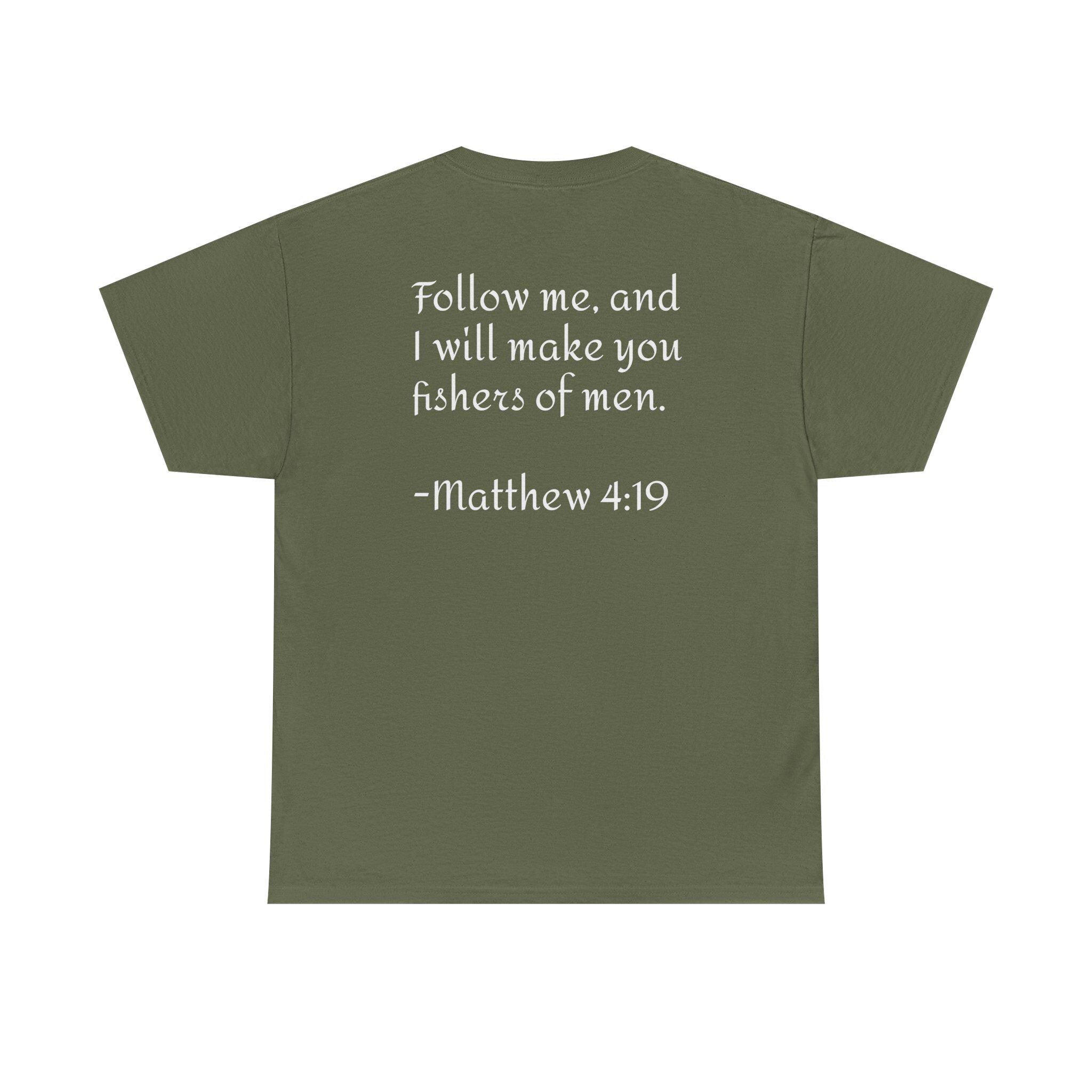 Here Fishy Fishing Rod T-Shirt | Matthew 4:19 Christian Fishing Tee