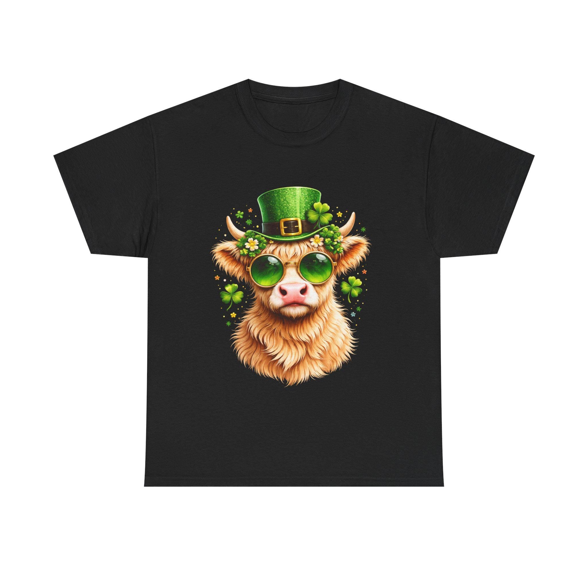 St. Patrick's Highland Cow Tee | Leprechaun Hat Shamrock Sunglasses