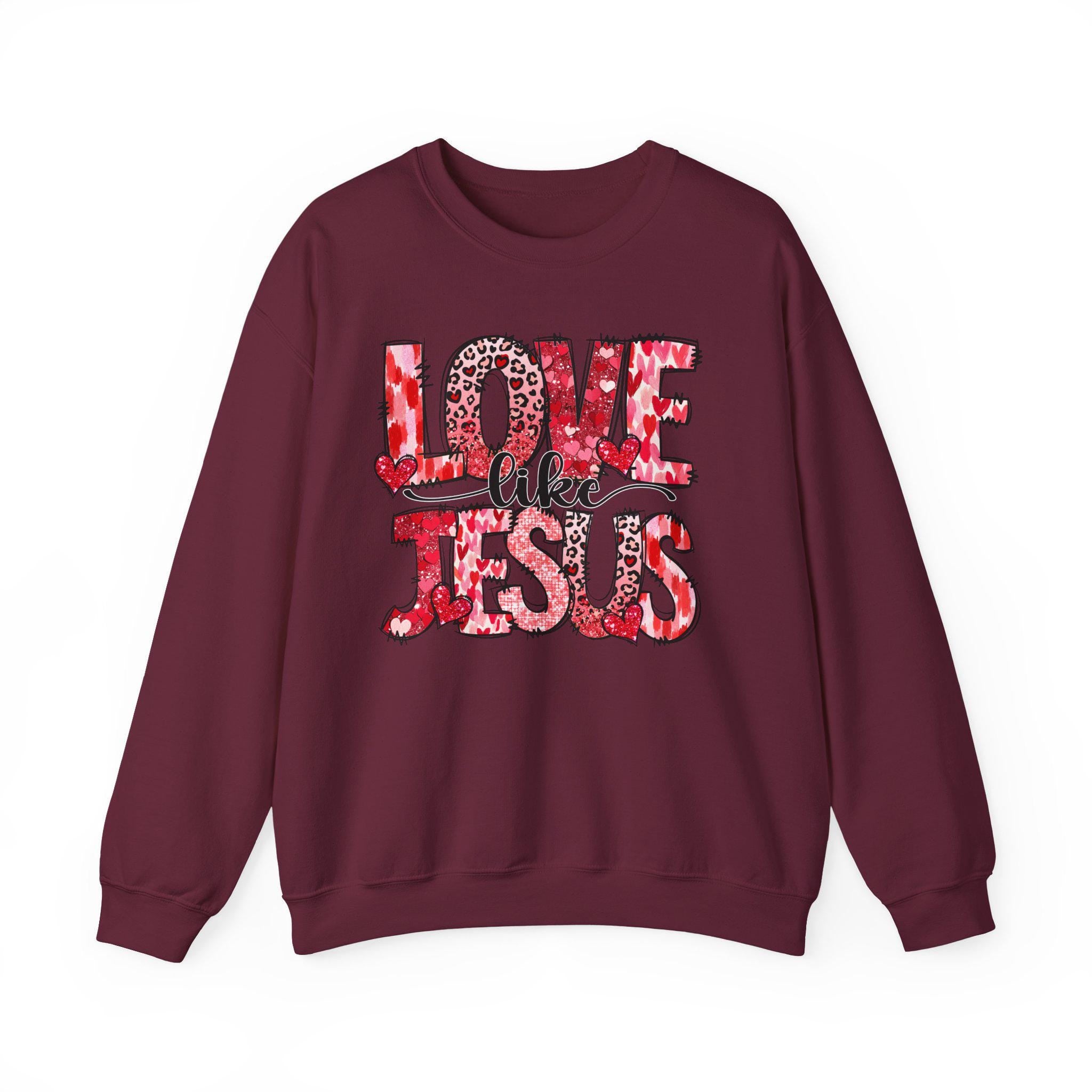 Love Like Jesus sweatshirt | Christian faith graphic, red leopard heart lettering