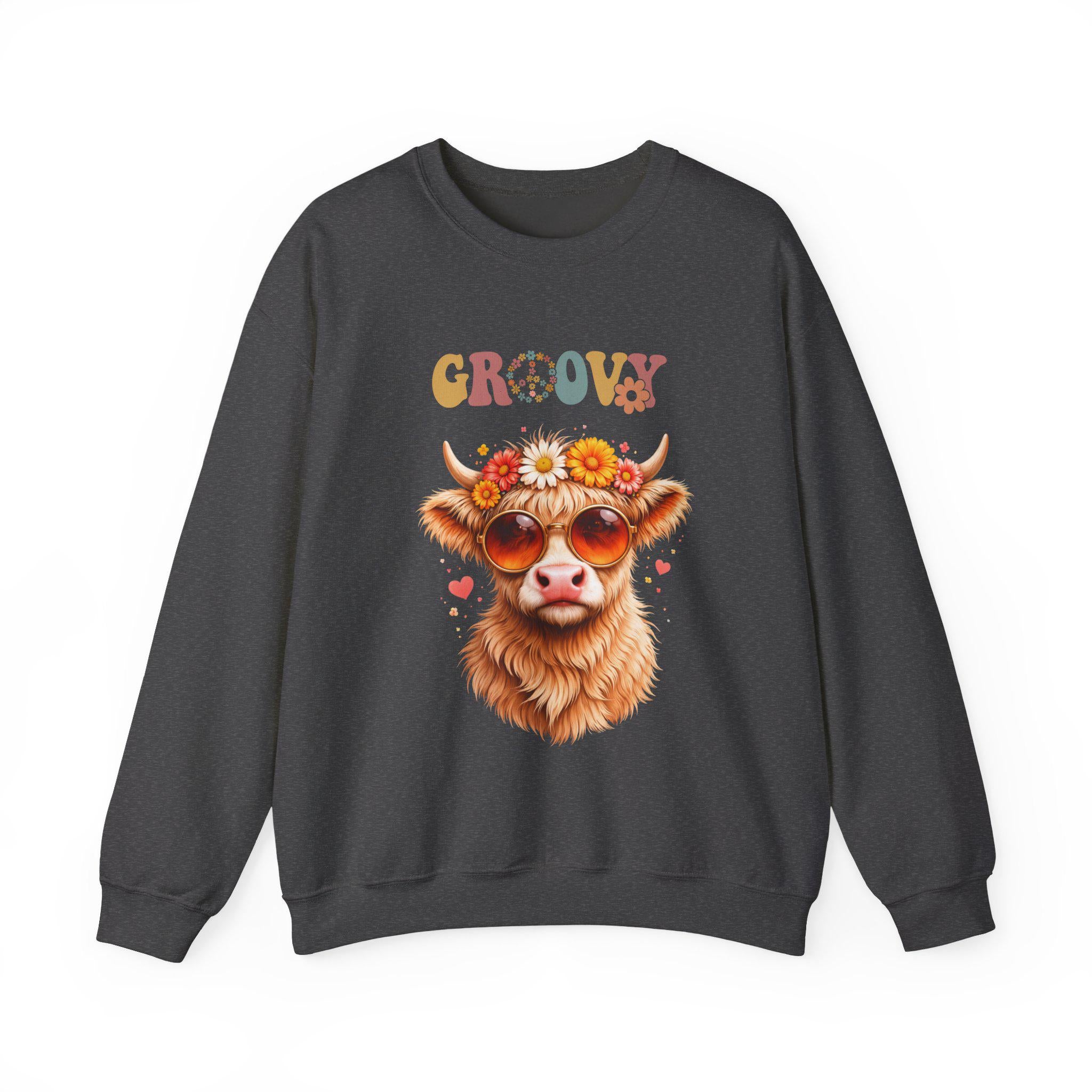 Groovy Retro Highland Cow Sweatshirt | 70s Vintage Cow Illustration